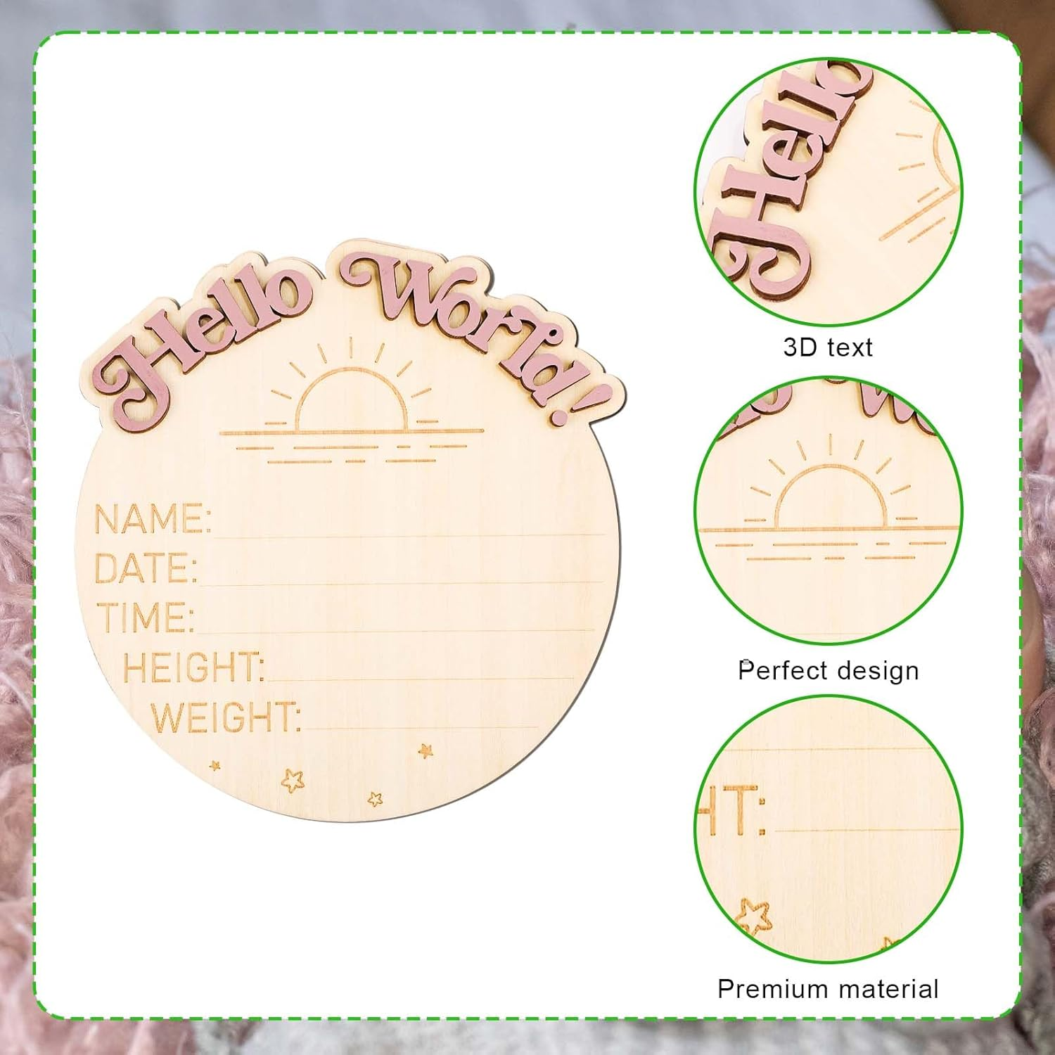 Baby Announcement Sign, I'M New Here Wooden Baby Announcement Sign Hello World Newborn Sign Name Plaques Photography Props Card Welcome Baby Keepsakes Birth Record Decoration(Sun) image number 1