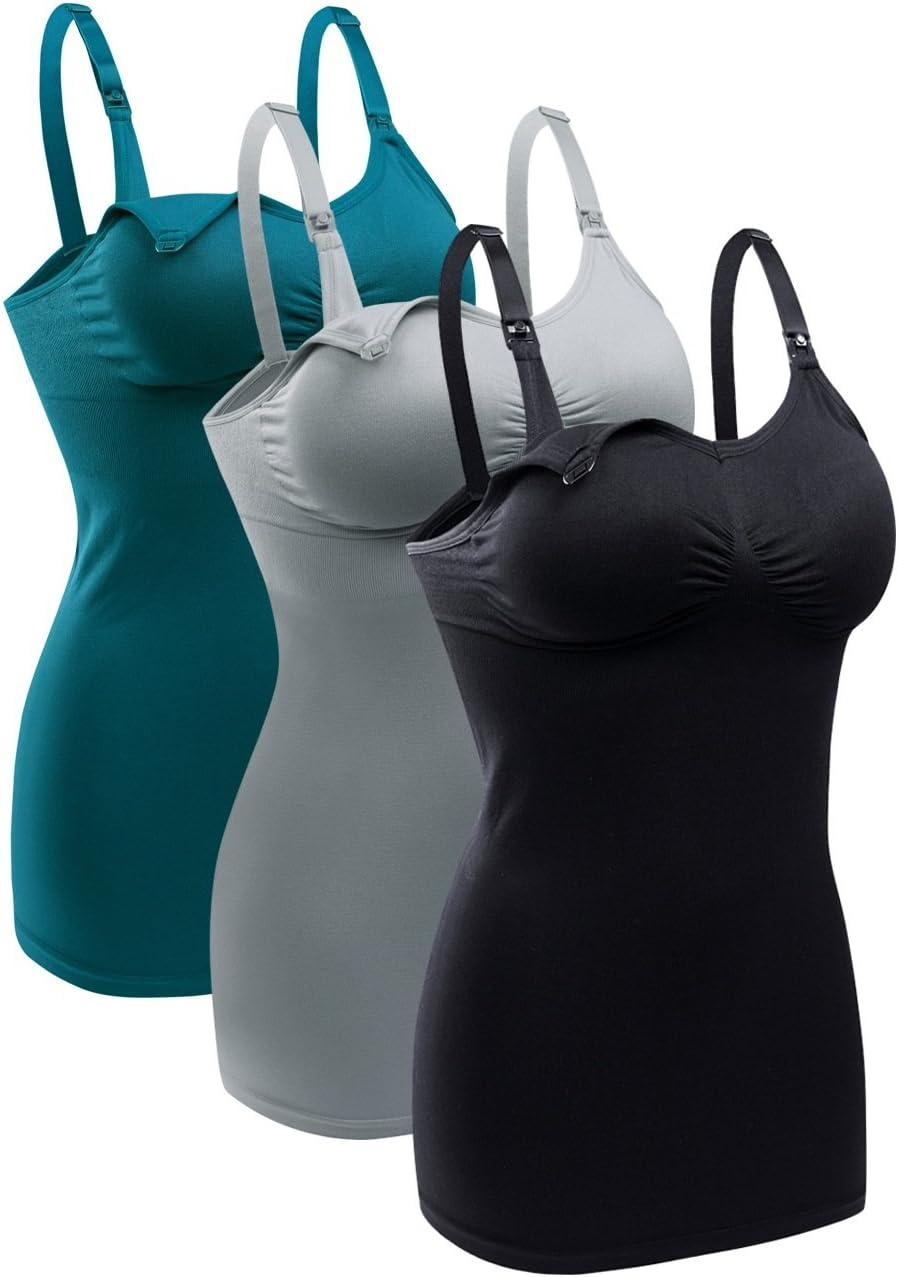 BRLIDO Womens Nursing Tank Tops Built in Bra for Breastfeeding Maternity Camisole Brasieres, Black Grey Green, Large