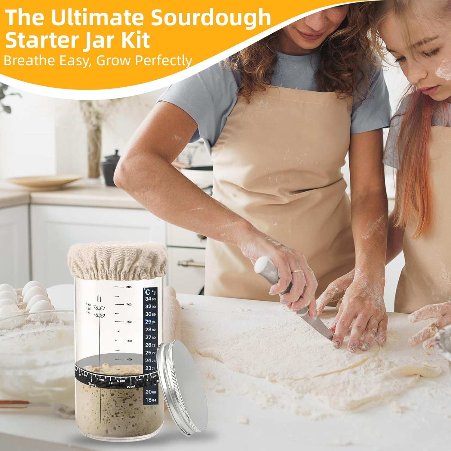 Togemvvs Sourdough Starter Jar, 1000Ml Wide Mouth Glass Sourdough Jar Kit with Measurement Markings, Rubber Scraper, Rubber Band, Cloth Cover, Label Pen, Suitable for Bread Making and Home Baking image number 6