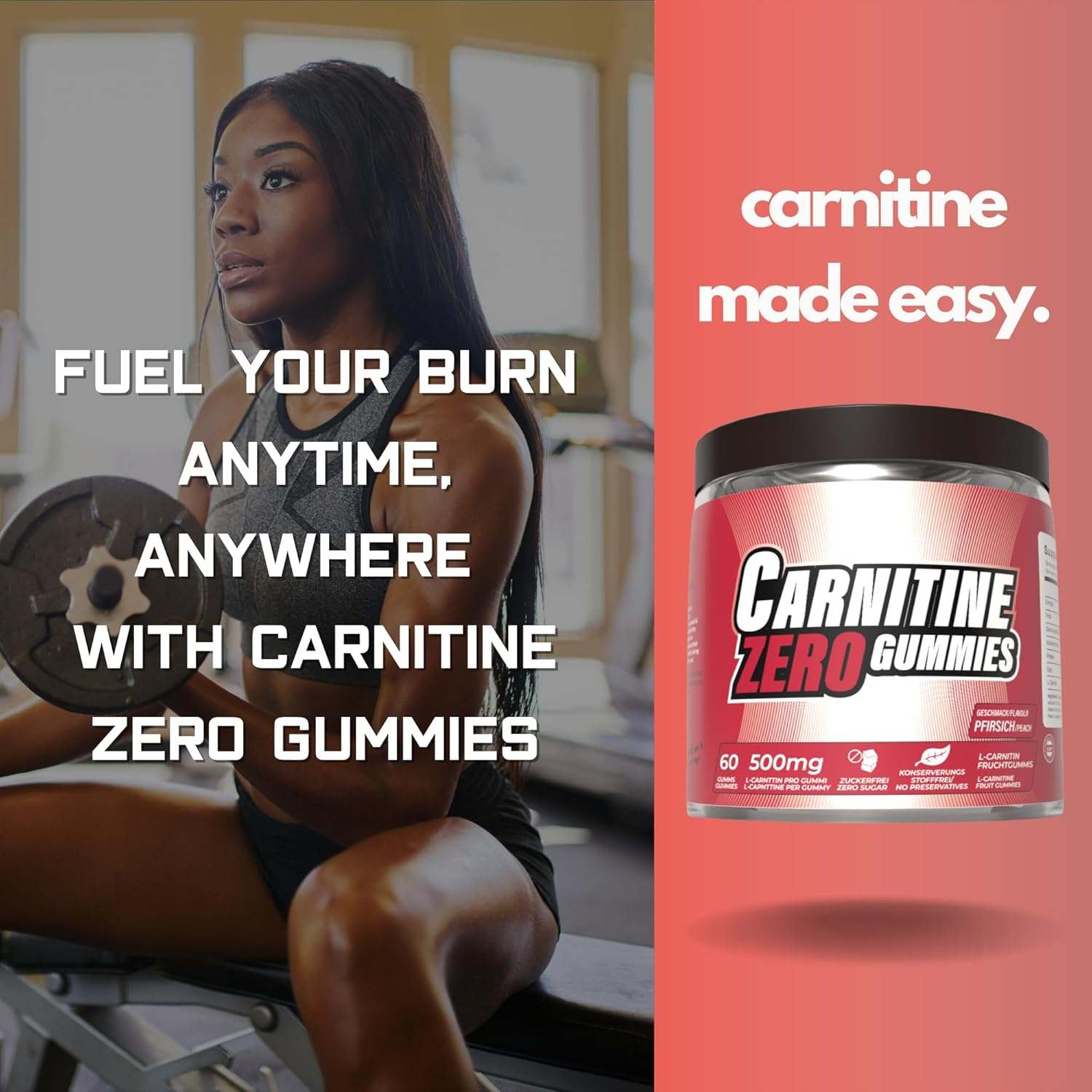 L-Carnitine Gummies 1000Mg &ndash; L-Carnitine Supplement for Natural Energy & Active Lifestyles &ndash; Tasty & Convenient &ndash; 60 Gummies, Peach Flavored - 30 Serves