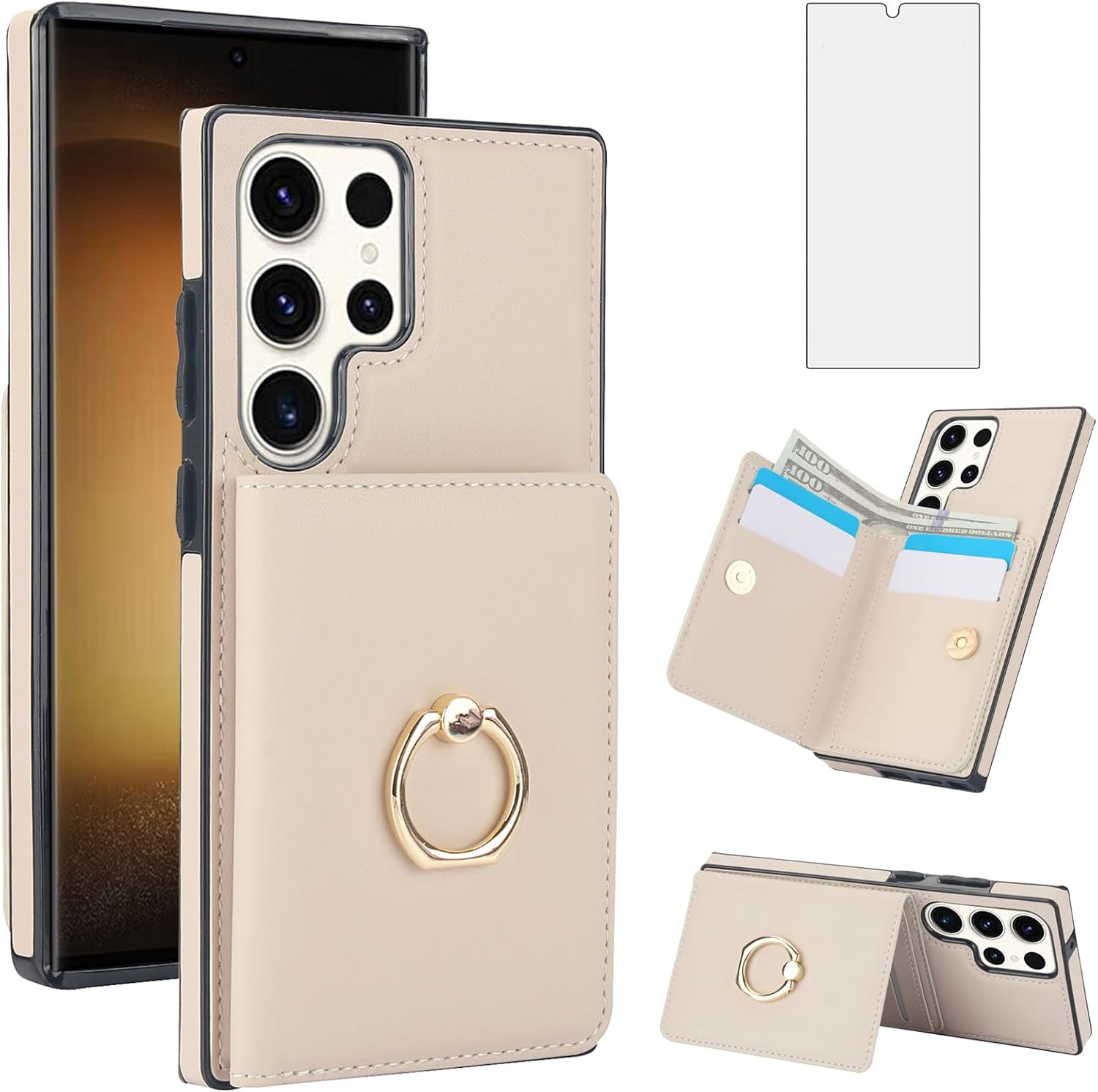 Asuwish Phone Case for Samsung Galaxy S23 Ultra 5G with Tempered Glass Screen Protector and RFID Card Holder Slot Ring Kickstand Cell Accessories S23Ultra 23S S 23 23Ultra 6.8 Inch Women Men Rose Gold