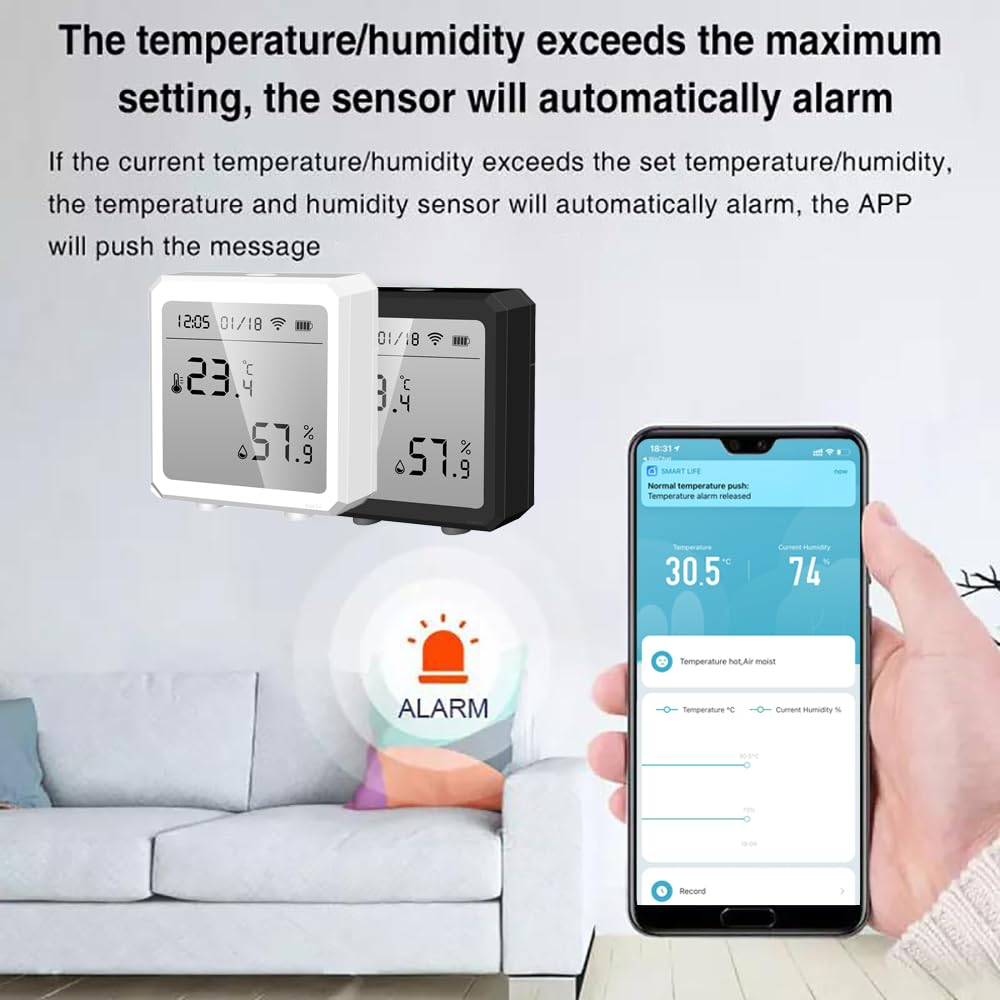 Wifi Temperature Humidity Sensor Tuya Smart Indoor Thermometer Hygrometer Detector,Works with Smart Life App,App and Voice Control (White)