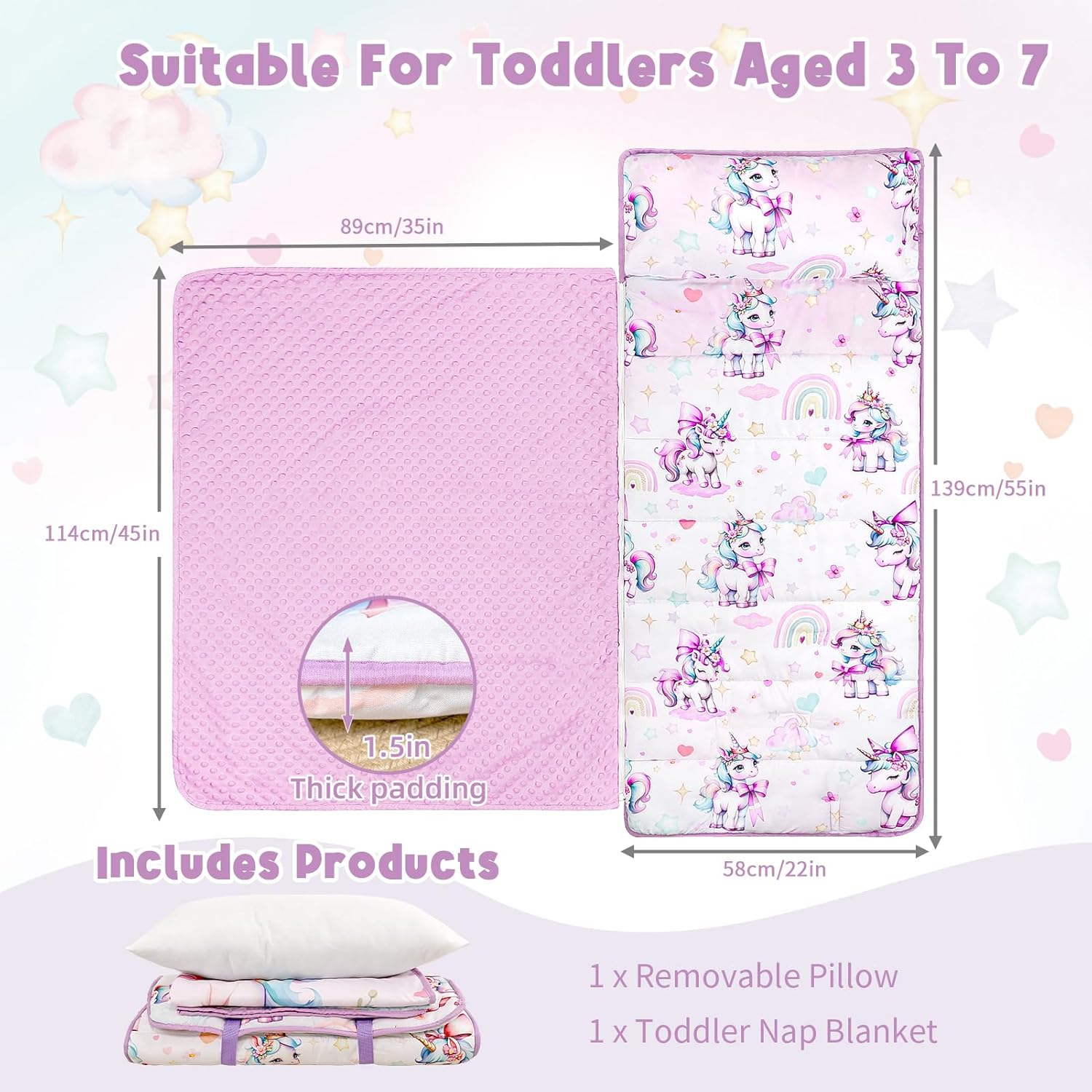 Toddler Nap Mat with Removable Pillow & Soft Minky Blanket, HNHUAMING Extra Large Rolled Napping Mats for Girls Boys, Kids Slumber Bags for Daycare, Preschool Travel Camping image number 2