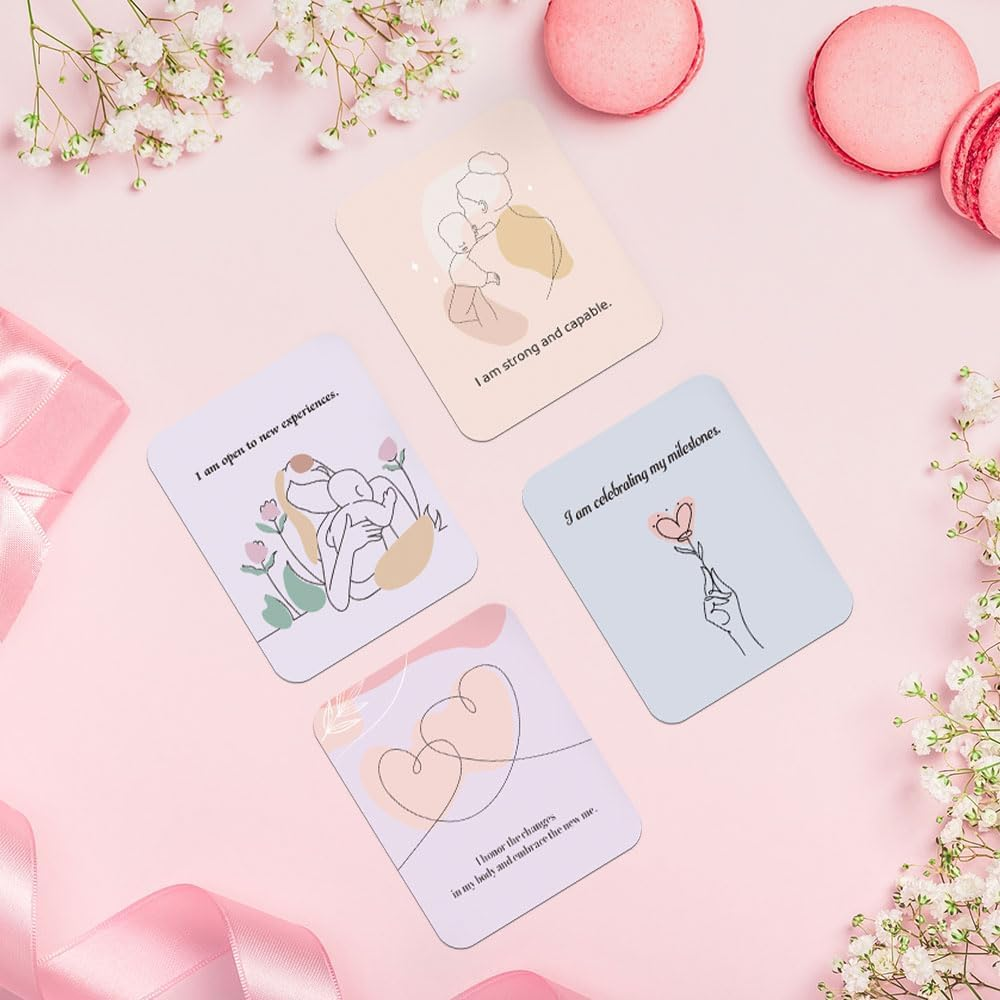 BIROYAL 45 PCS New Mom Affirmation Cards for Post Partum/Postpartum - New Mom Essentials Gifts with Empowering Messages - Postpartum Affirmation Cards with Wooden Stand and Metal Box image number 1