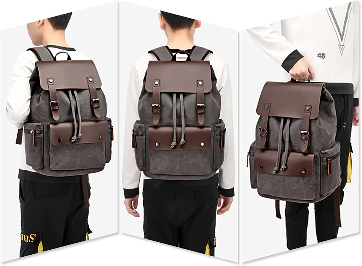 Leather Laptop Backpack, Casual Canvas Campus School Rucksack with 15.6 Inch Laptop Compartment Brown image number 4