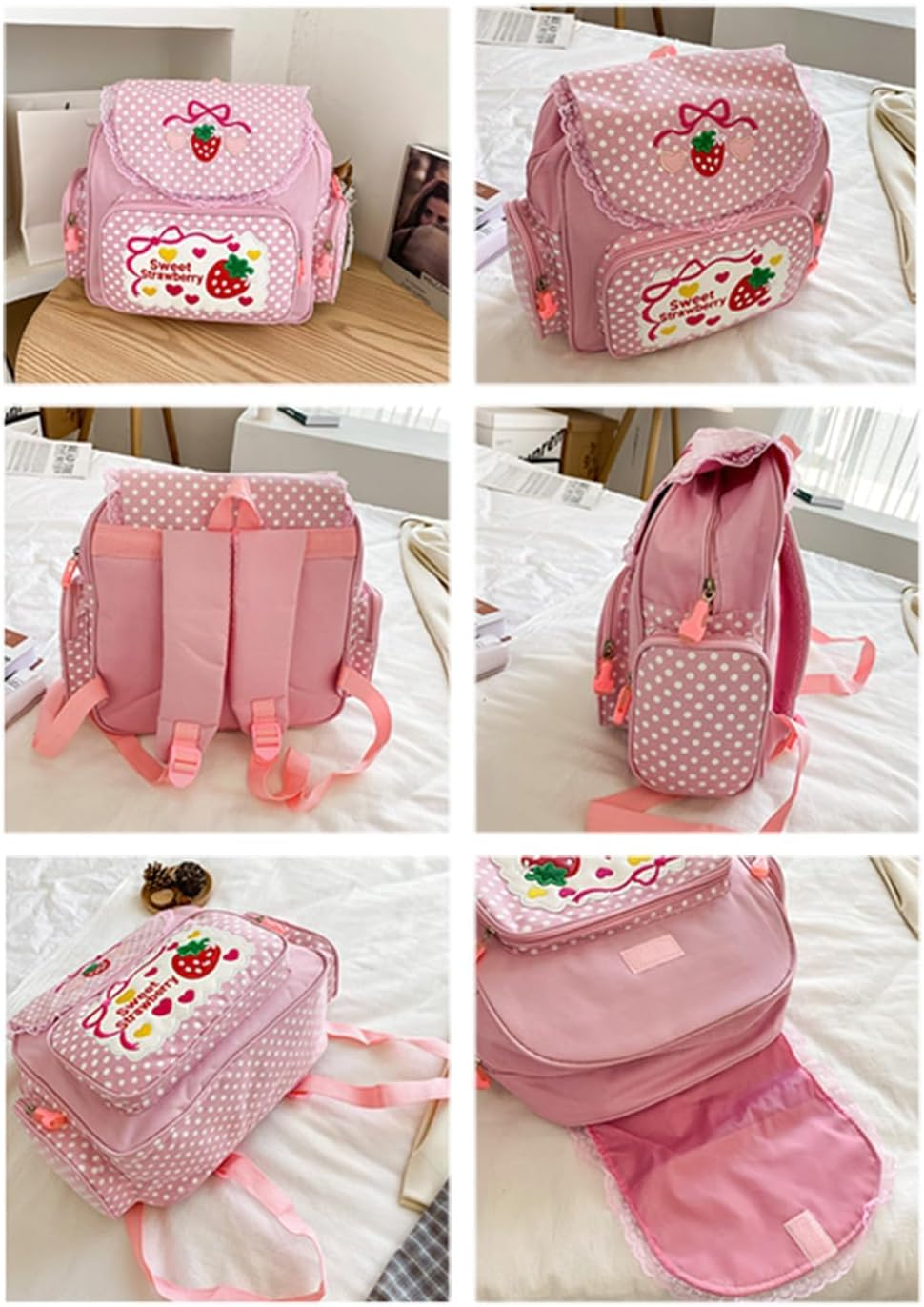 Kawaii Strawberry Embroidery Backpack for Girls Teens Students School Bag Satchel Cute Pink Lace JK Backpack, Pink, 30X37X13Cm, Kawaii Strawberry Embroidery image number 6