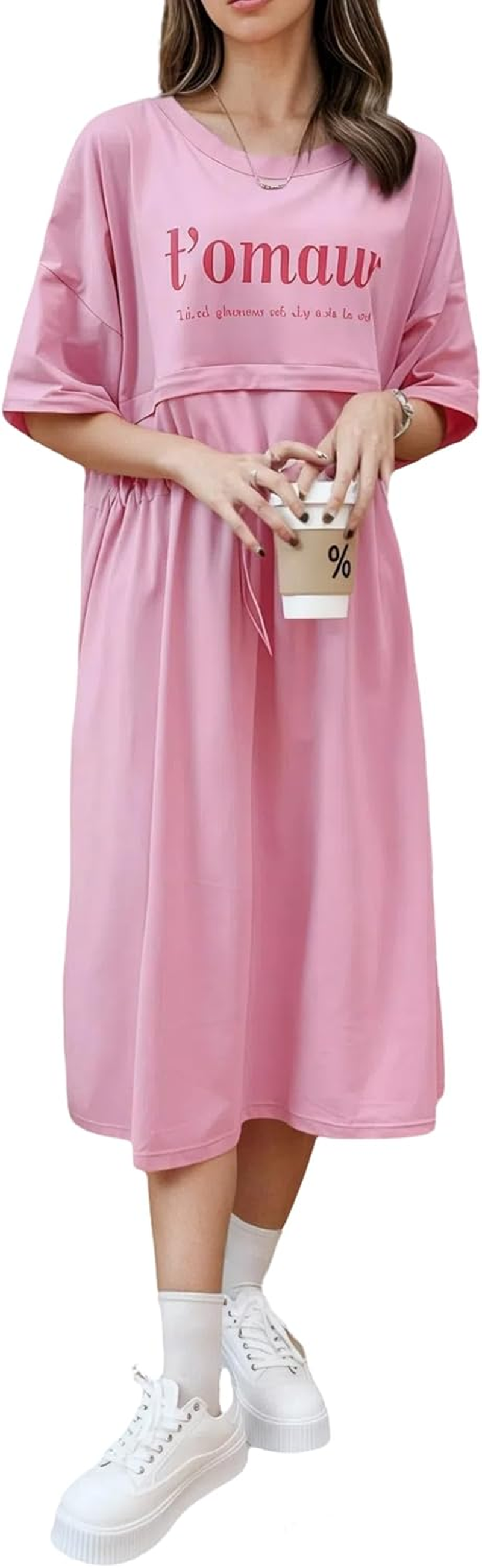 Maternity Dress - Nursing Breastfeeding Dress for Pregnant Women, Knee-Length Short Sleeve Casual image number 4