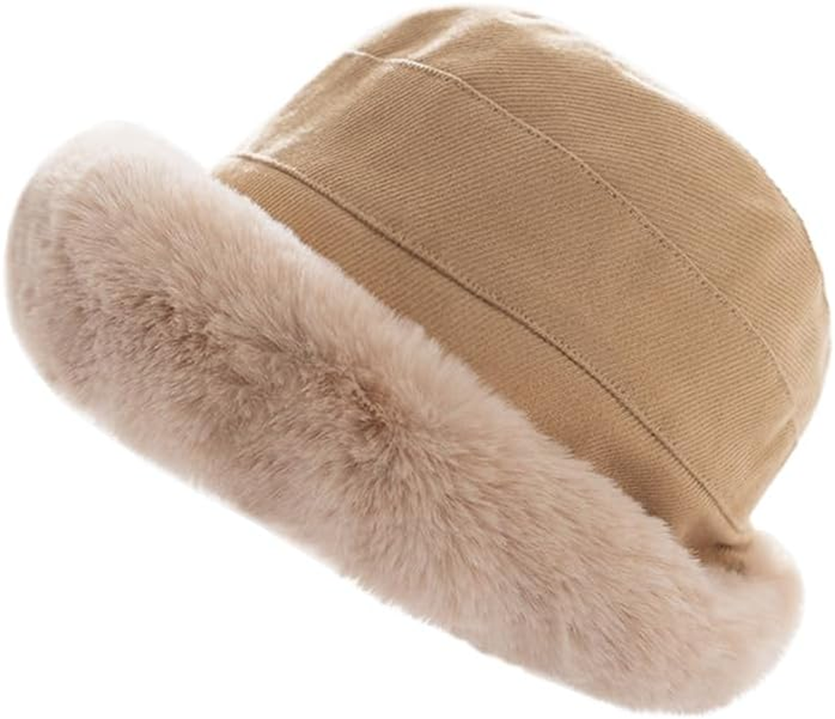 Plush Fuzzy Bucket Hat for Women Warm Fluffy Faux Fur Fisherman Cap Winter Ski Outdoor Windproof Warm Fleece Lining Hat - Black image number 2