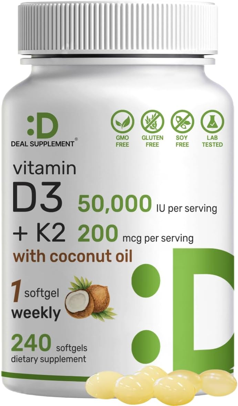 DEAL SUPPLEMENT Vitamin D3 50,000 IU + K2 MK7 200 Mcg,240 Softgels | Virgin Coconut Oil, Max Strength Vitamin D & K, Promotes Heart, Bone, & Teeth Health &ndash; One Softgel Weekly, Easy to Swallow image number 6