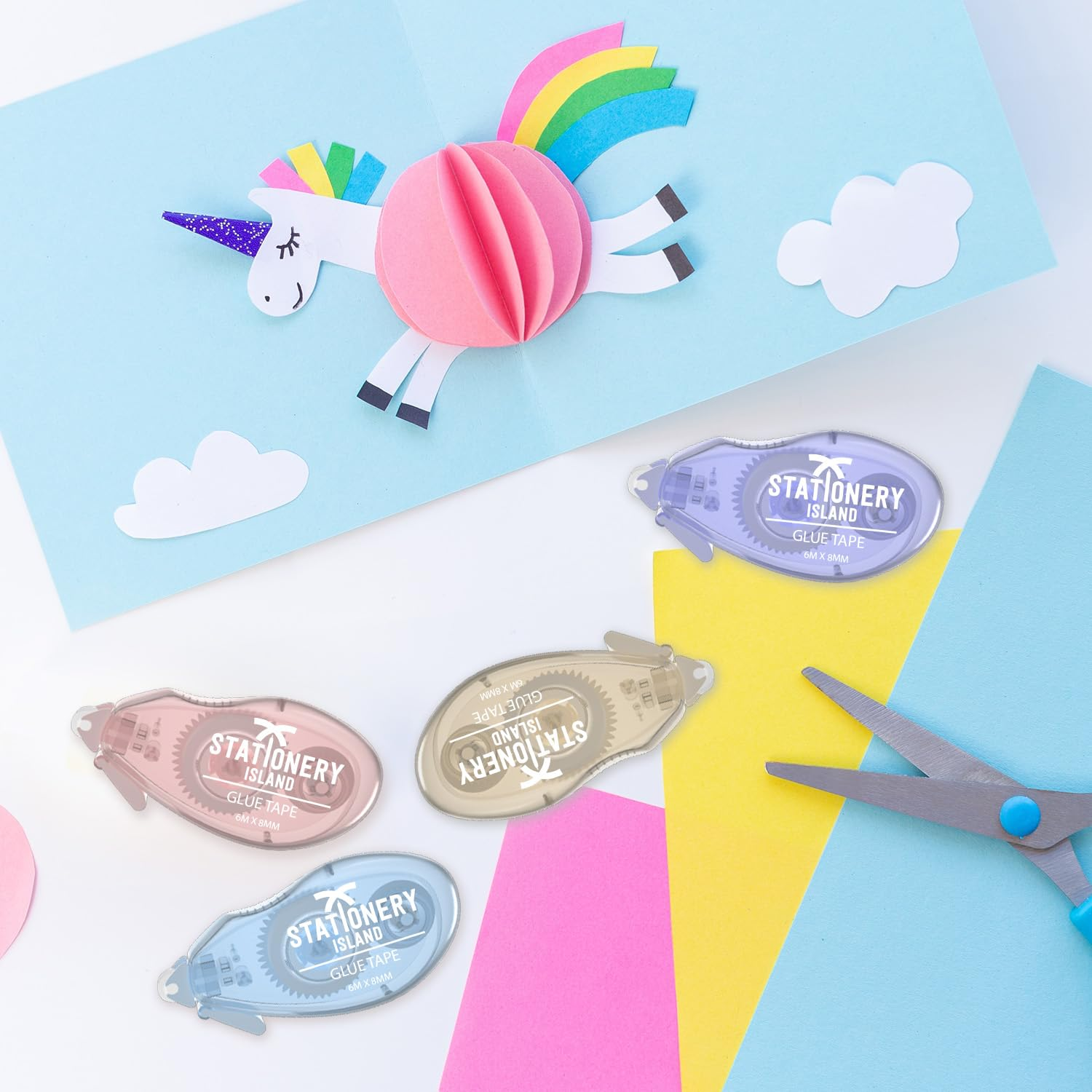 STATIONERY ISLAND Glue Tape Roller, 4 Pack Double Side Tape Dispenser, Scrapbooking Supplies, 6Mx8Mm Adhesive Glue Roller Tape for Crafting, Cards, Photo, Journal and Scrapbooking