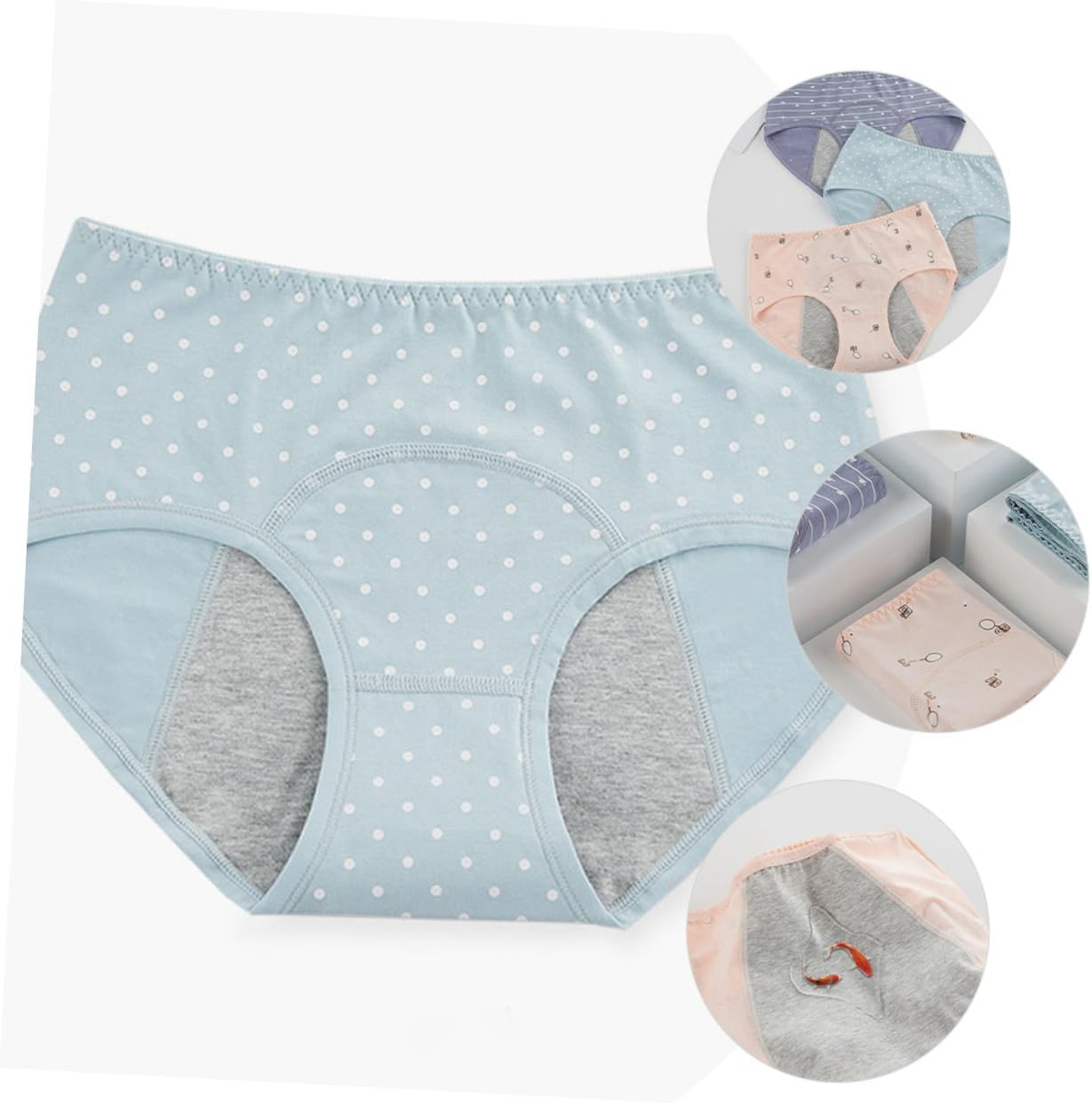 SHERCHPRY 3Pcs Heavy Overnight Period Underwear Women Mid-Waist Sanitary Pants Leak and Absorbent Shrimp Lake Blue Gray Blue