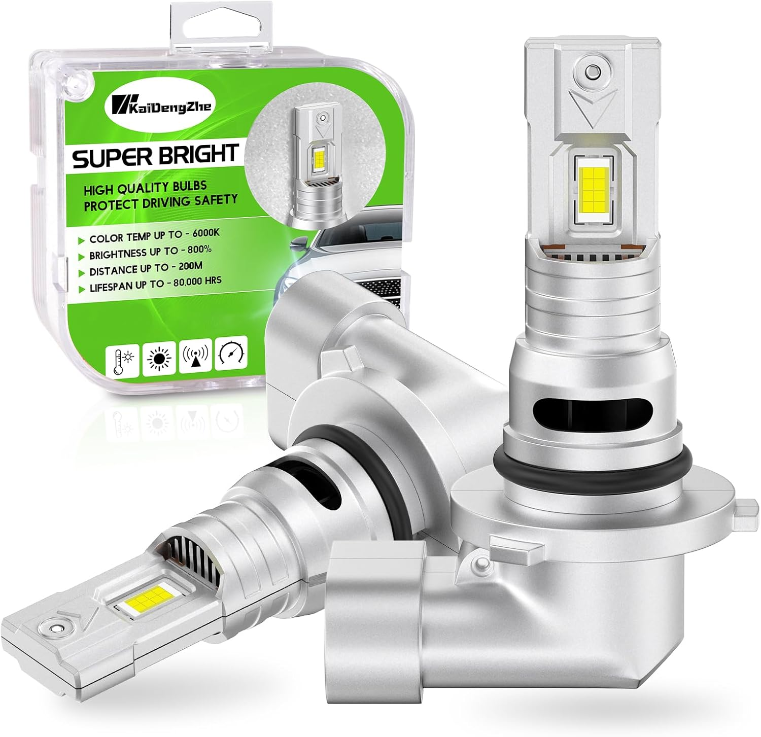 Kaidengzhe 9006 LED Headlight Bulb, Super Bright LED HB4 Bulb with Fan, 1:1 Mini Size 16000LM 6000K White 12V 9006 Front Fog Light Plug & Play Car Hi/Lo Beam Halogen Replacement, Pack of 2