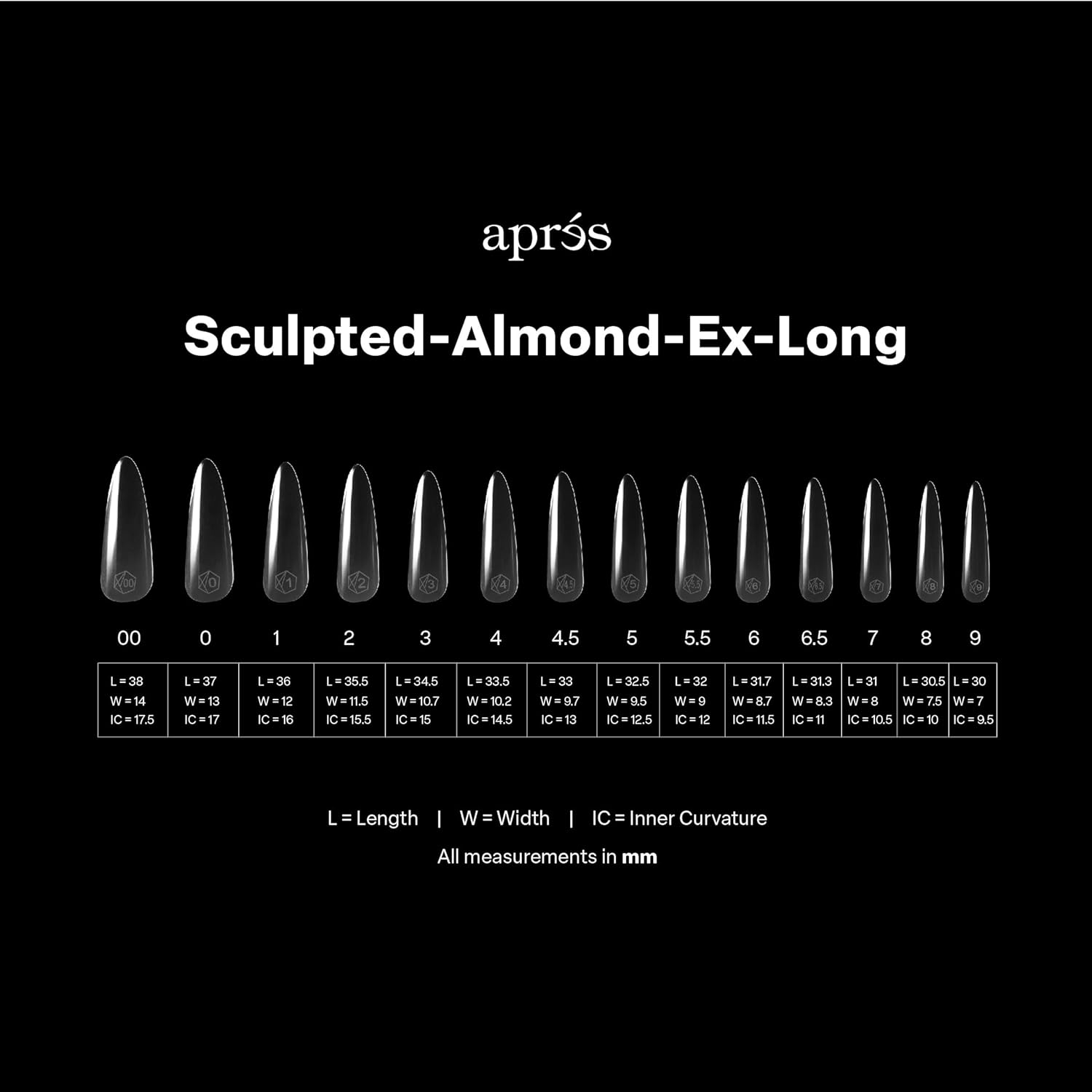 APR&Eacute;S Extra Long Box of Nail Tips Apres Gel-X Sculpted Almond, 280 Gel-X Tips, Soft Gel Tips, 14 Sizes 00-9, Half Sizes Included image number 5