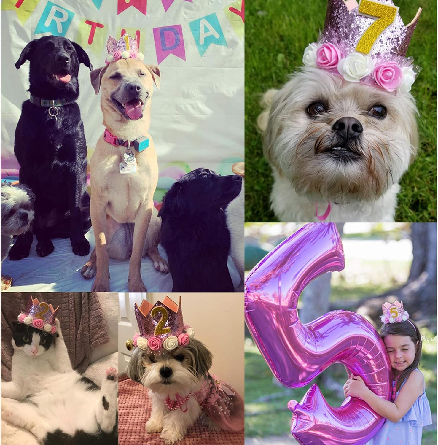 JAMSTONE Crown Dog Birthday Hat Reusable Doggie Birthday Party Hat for Pets Glitter Crown Hats for Dogs Cats Kitten Headband Hats Pink - Pink image number 2