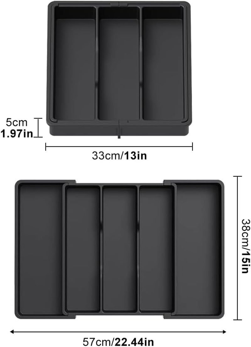 Utensil Drawer Organiser, Expandable Cutlery Tray for Kitchen, Adjustable Silverware Flatware Holder, Plastic Kitchen Spatula Tools Gadgets Spoons and Forks Storage(Color:Black) image number 6
