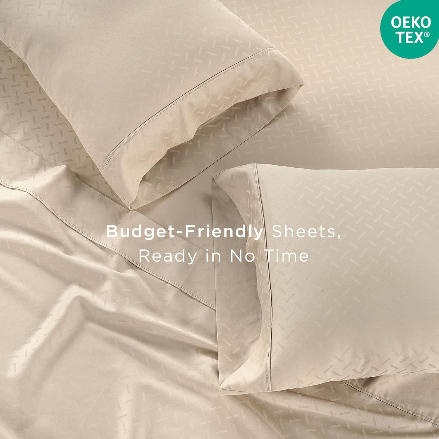 (Twin XL, Astra Beige) - 300 Thread Count Astra Jacquard Collection 100% Cotton Sheets 3 Piece Bedsheet Set, Luxury Bedding All around Elastic Fits Mattresses up to 46Cm Deep Pocket Smooth Sateen Twin XL Size Beige image number 3