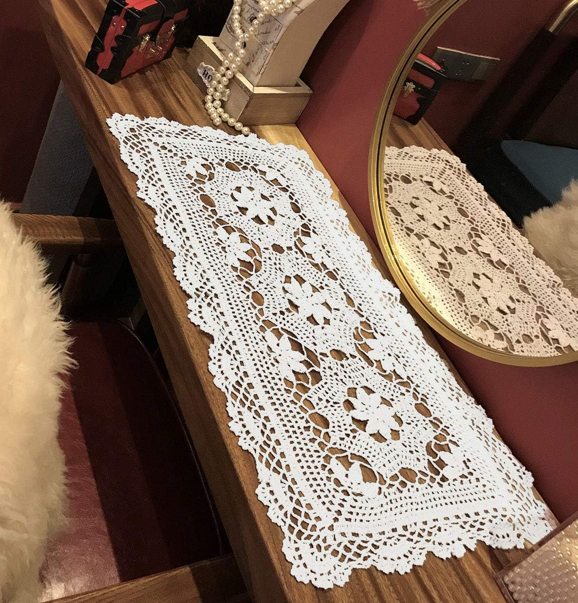 Janef White Handmade Crochet Cotton Table Runner Lace Doilies Doily Rectangle Dresser Scarves,16 by 28 Inches. image number 6