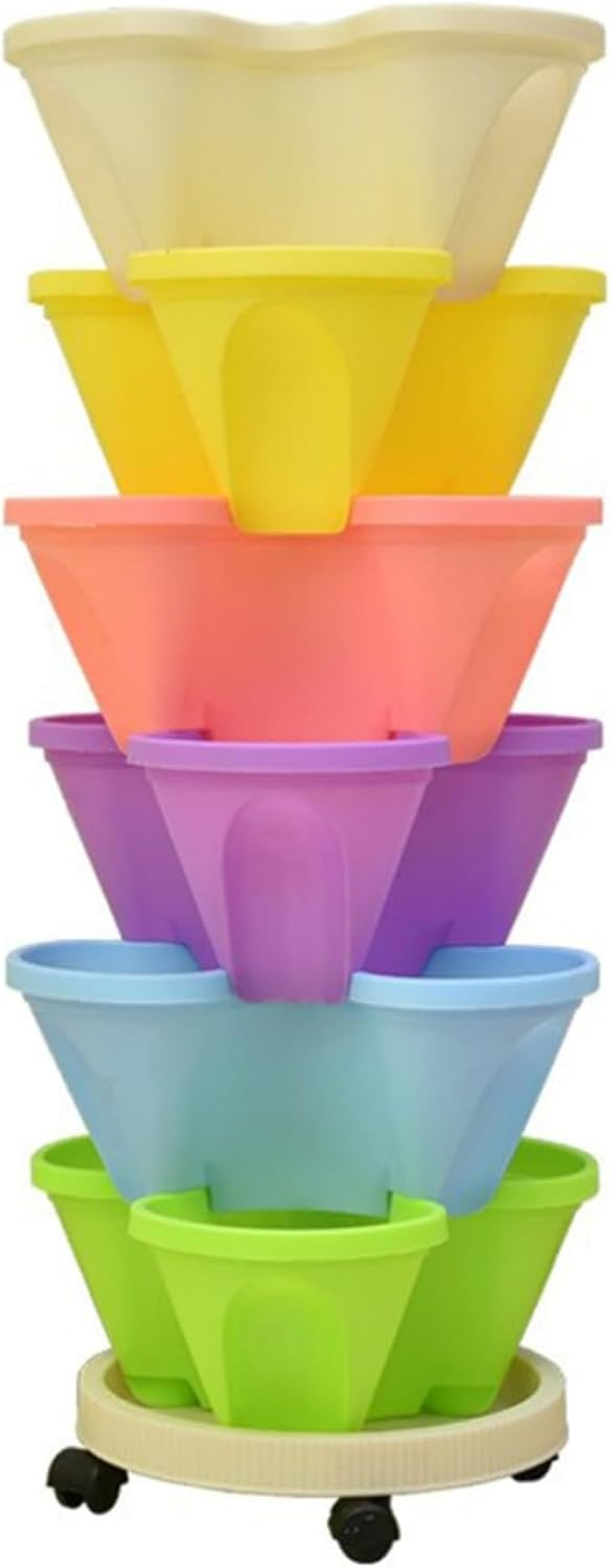 6 Tier Vertical Planter, Stackable Tower Planters, Strawberry Herb Flower and Vegetable Pots, Indoor Outdoor Gardening Pots with Removable Wheels and Vegetables Multicolor, Garden Planters (6PCS)