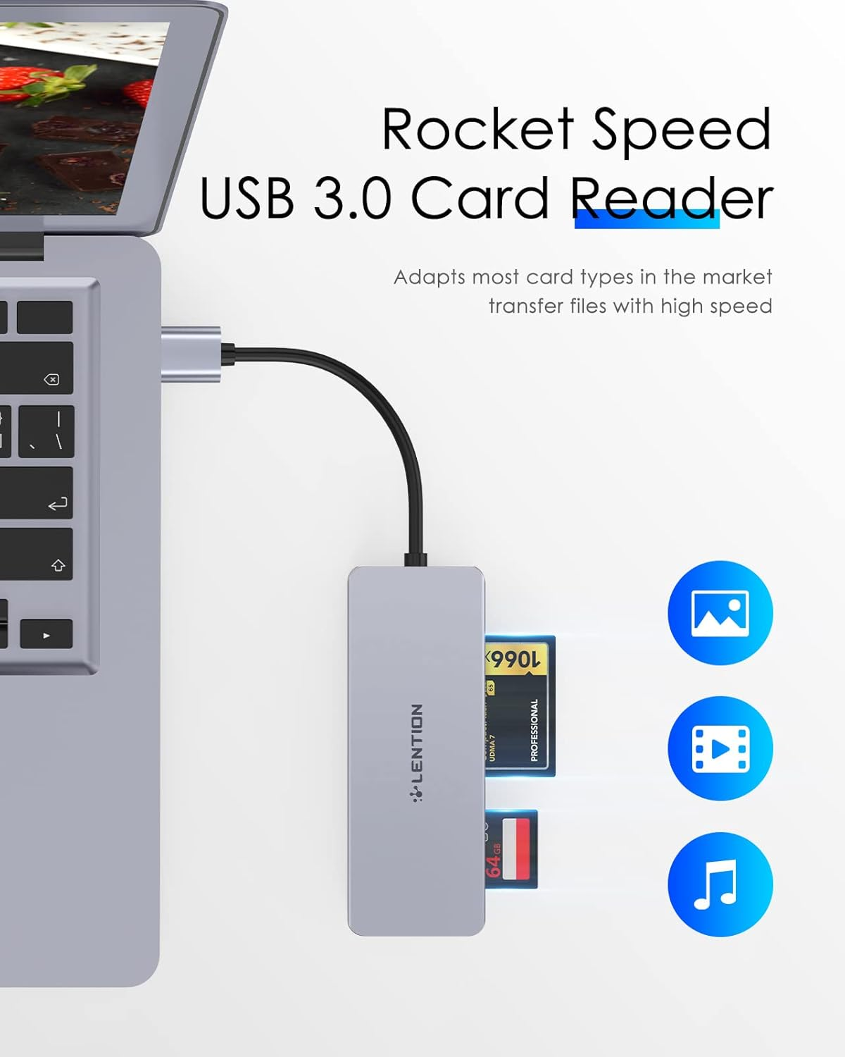 LENTION USB 3.0 to Cf/Sd/Micro SD Card Reader, SD 3.0 & CF Type I Memory Card Adapter Compatible Macbook Air/Pro, Surface Book/Pro, Chromebook, More, Stable Driver Certified (CB-H12, Space Gray) image number 3
