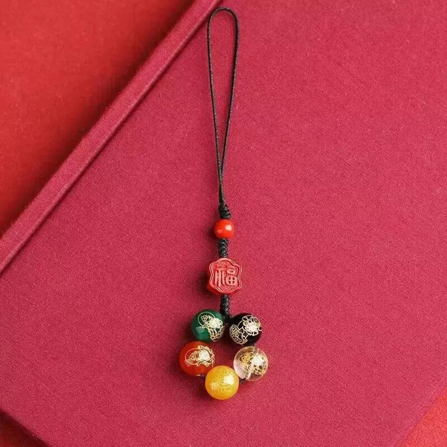 Chiorgone Cinnabar Feng Shui Keychain & Phone Strap &ndash; Five Roads God of Wealth Charm for Prosperity, Versatile Pendant for Cars, Keys, and Gifts.