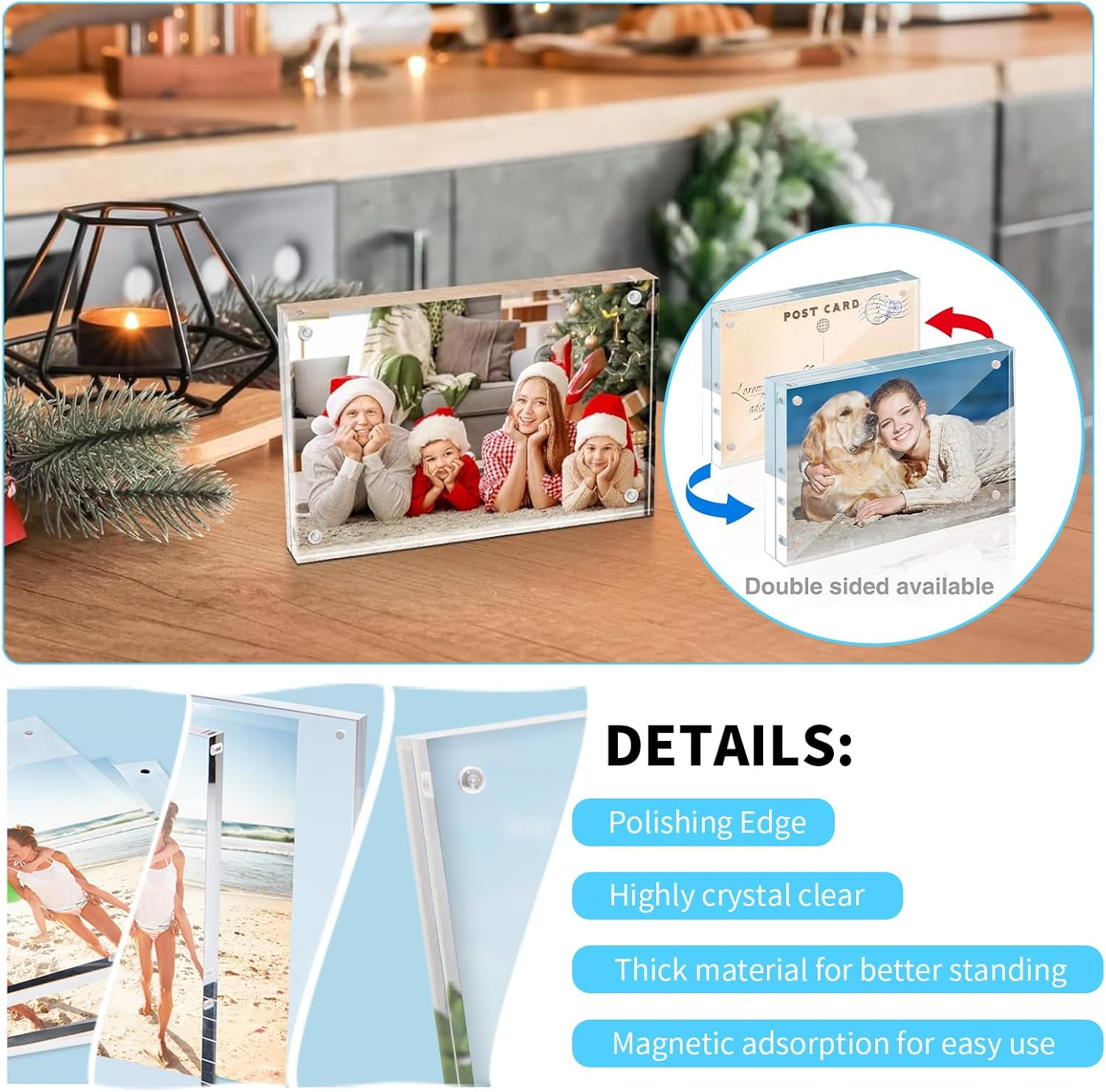 3 Pack Picture Frames, 4X6 Inch Acrylic Frame, Self Standing Block Display Photo Frame, Horizontal Magnet Double Sided Picture Frame, Thick Desktop Frameless Magnetic Photo Frame (10X15Cm, 10+10MM) image number 5