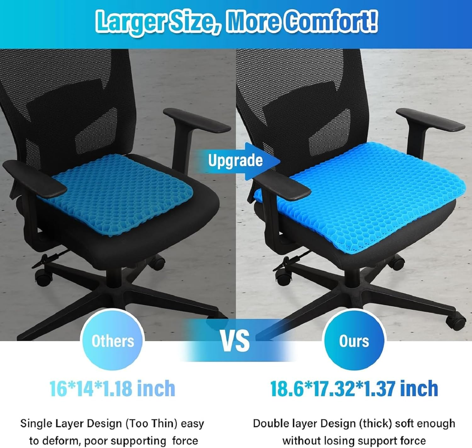 Gel Seat Cushion for Long Sitting (Thick & Extra Large), Gel Cushion for Wheelchair Soft, Gel Chair Cushion, Gel Car Seat Cushion Breathable, Gel Seat Cushion for Office Chair for Hip Pain image number 1