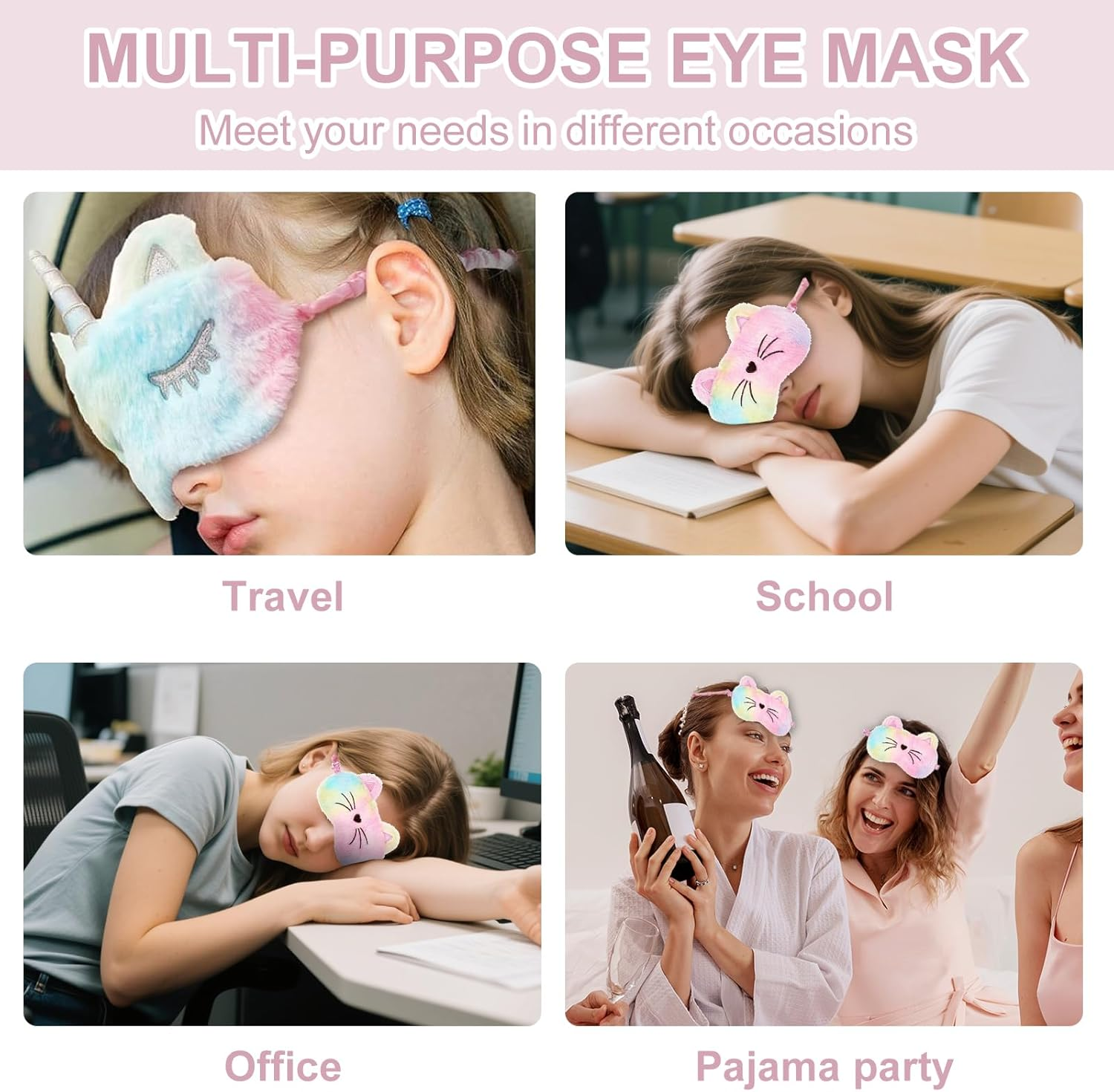 Travel Essentials，3 Pack Kids Sleep Mask Set - Soft Plush Animal Eye Covers for Girls (Bunny, Cat, Unicorn) | Comfortable Blindfold for Naptime & Travel（Rainbow Colors） image number 1