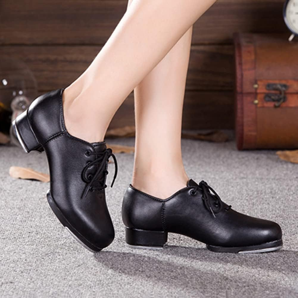 Adult Tap Shoes - Tie up Split Sole Jazz Tap Dance Shoe,Comfortable Tap Shoes Rubber Sole Dance Footwear Suitable for Women Black image number 2