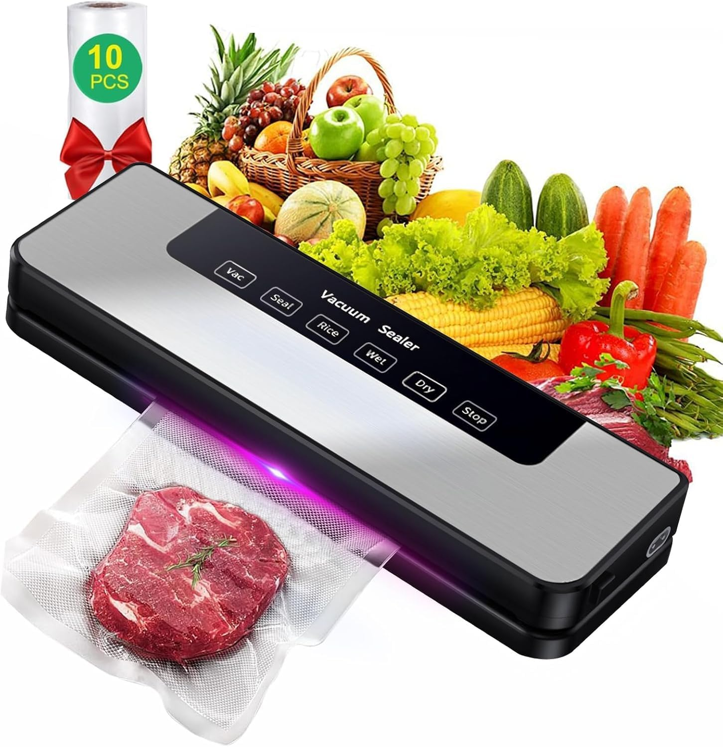 Vacuum Sealer Machine Automatic Powervac Air Sealing Machine for Food Preservation Dry & Moist Sealing Modes Food Sealer Machine Removable Design (Include 10 PCS Vacuum Sealer Bags)