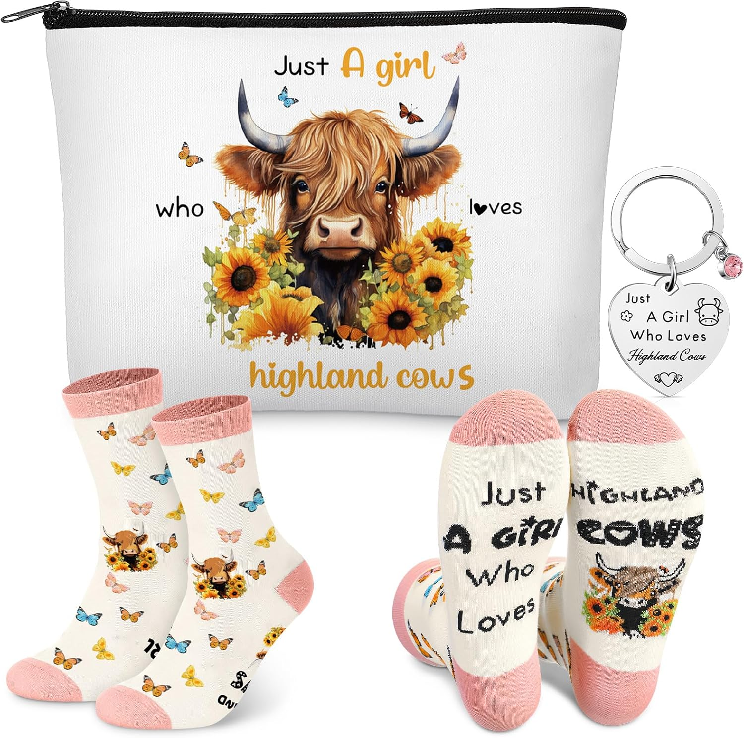 Xuniea 3 Pcs Highland Cow Gift Set for Women Cow Lover Highland Keyring Cattle Makeup Bag Cotton Socks Just a Girl Who Loves Gifts Cute Animal Themed Party Supplies for Birthday Graduation