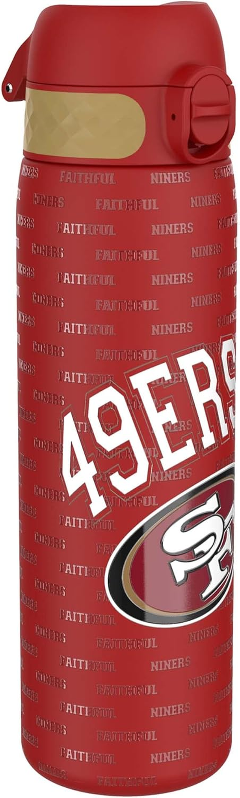 Ion8 NFL 49Ers Lightweight Steel Water Bottle, 600 Ml/20 Oz, Non-Insulated, Leak Proof, Easy to Open, Secure Lock, Dishwasher Safe, Flip Cover, Fits Cup Holders, Metal Water Bottle