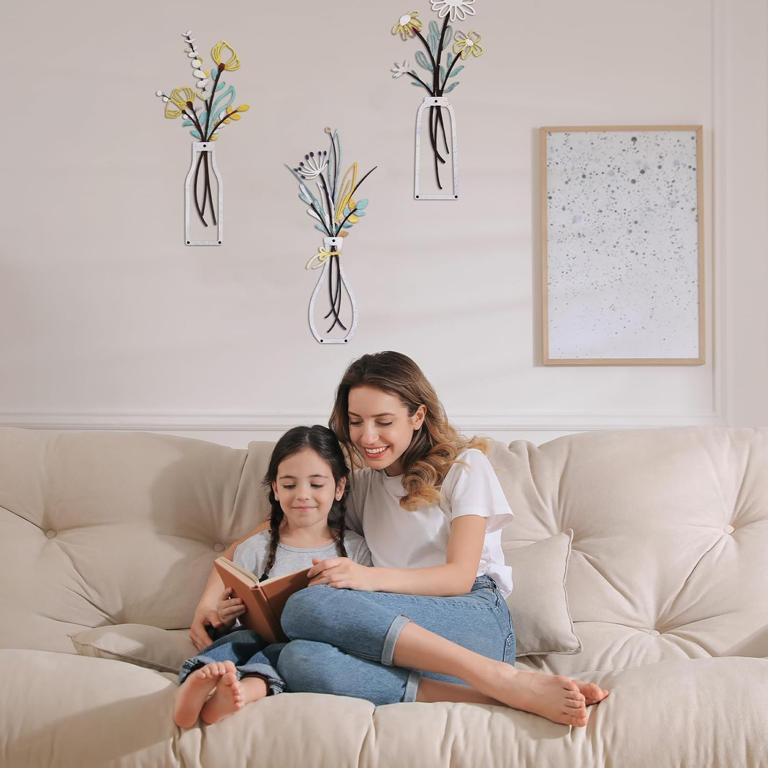 3 Pack Metal Flower Wall Art - Minimalist Beige Farmhouse Decor for Living Room, Bedroom, Bathroom & Dining Room | Housewarming Gift - Black image number 5