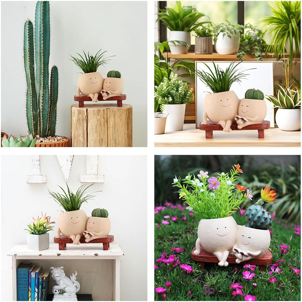 TOMVAES Plant Pots for Succulent Planter,Decorative Double Smiley Face Indoor Plant Pots,Resin Flowerpot,Bonsai Pot Desktop Ornament,Desk Decor Succulent Pot for Patio,Yard,Living Room image number 4