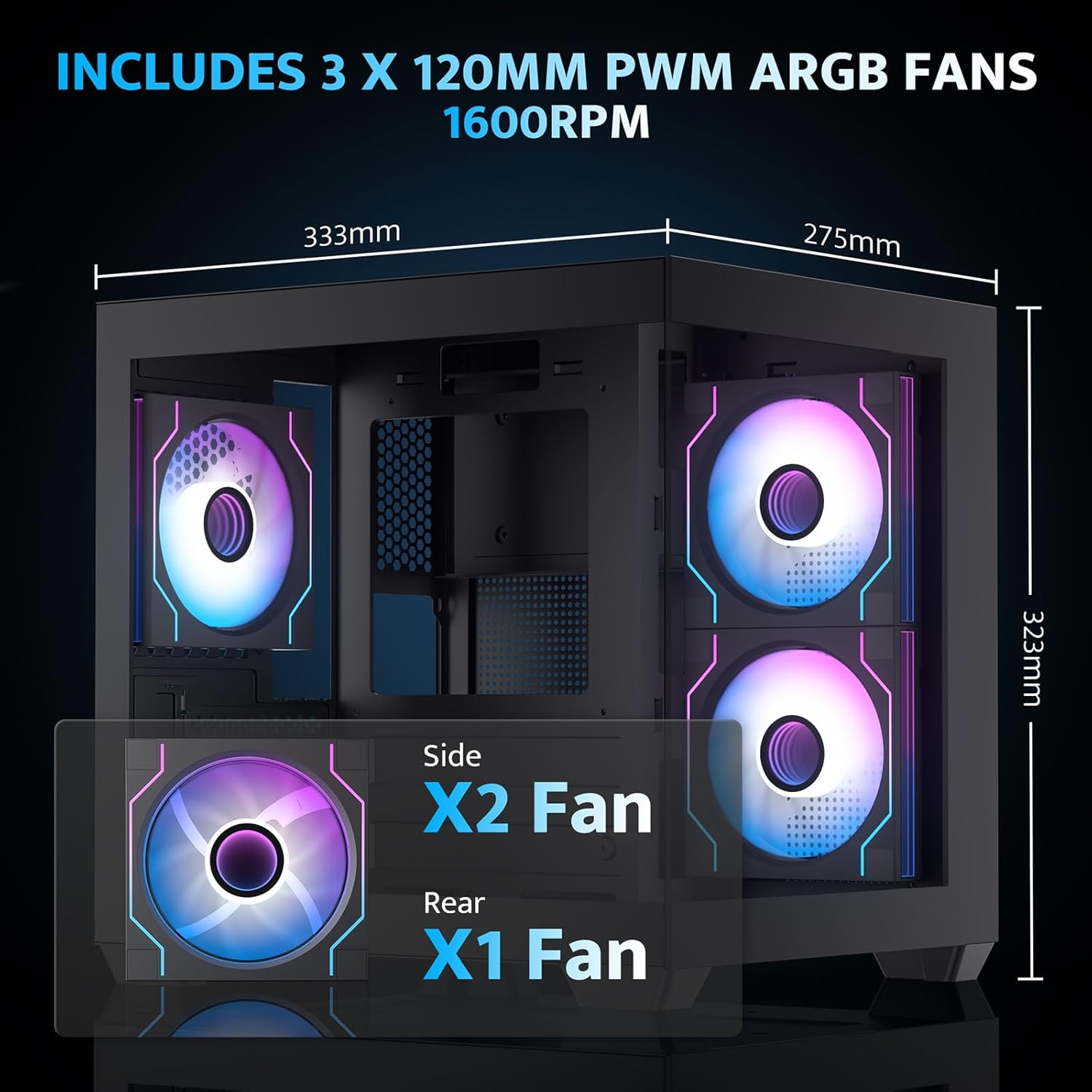 Darkflash ITX PC Case, Pre-Install 3 PWM ARGB Fans Computer Case, Full View Dual Tempered Glass ITX Case, Mini Size, Supports 240Mm AIO(C275P) (Black) - Black image number 6