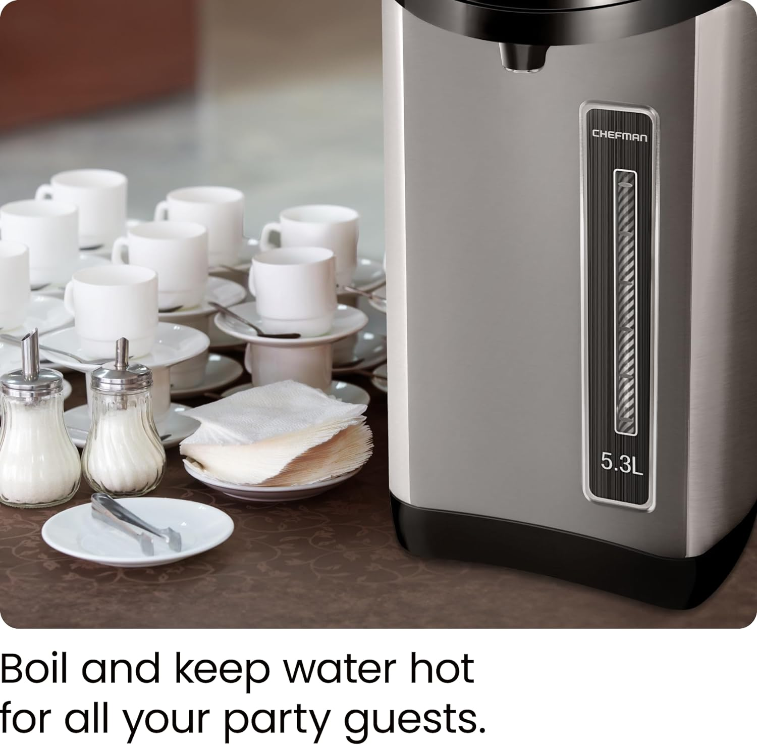 Chefman 5.3L Electric Hot Water Dispenser Urn W/Auto & Manual Dispense Buttons, 1700W, Safety Lock, Instant Heating, Auto-Shutoff/Boil Dry Protection, Insulated Stainless Steel - for Home & Office