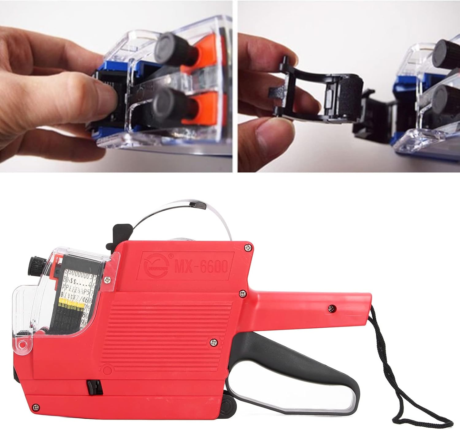 10 Digits 2 Line Price Tag Guns Labeller Marker Attacher Tool Kit Included 1Pc 2 Row Price Tag Guns 1Pc Ink Wheel for Office Retail Store，Mx-6600 Model，Red, Yellow, Blue (Red) image number 2