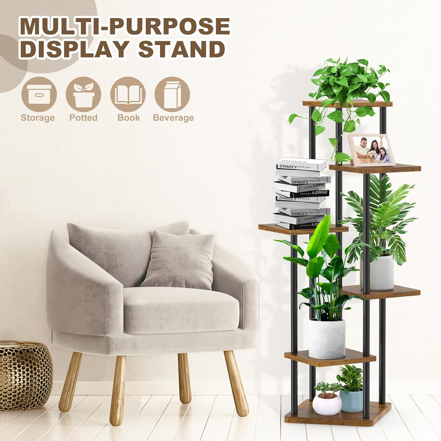6 Tier Wood Tall Plant Stand Metal Rack Indoor, Multiple Flower Pot Holder Shelves Corner Rack, Planter Shelf Display Rack Storage Organizer for Patio Living Room Balcony Garden(Black) image number 2