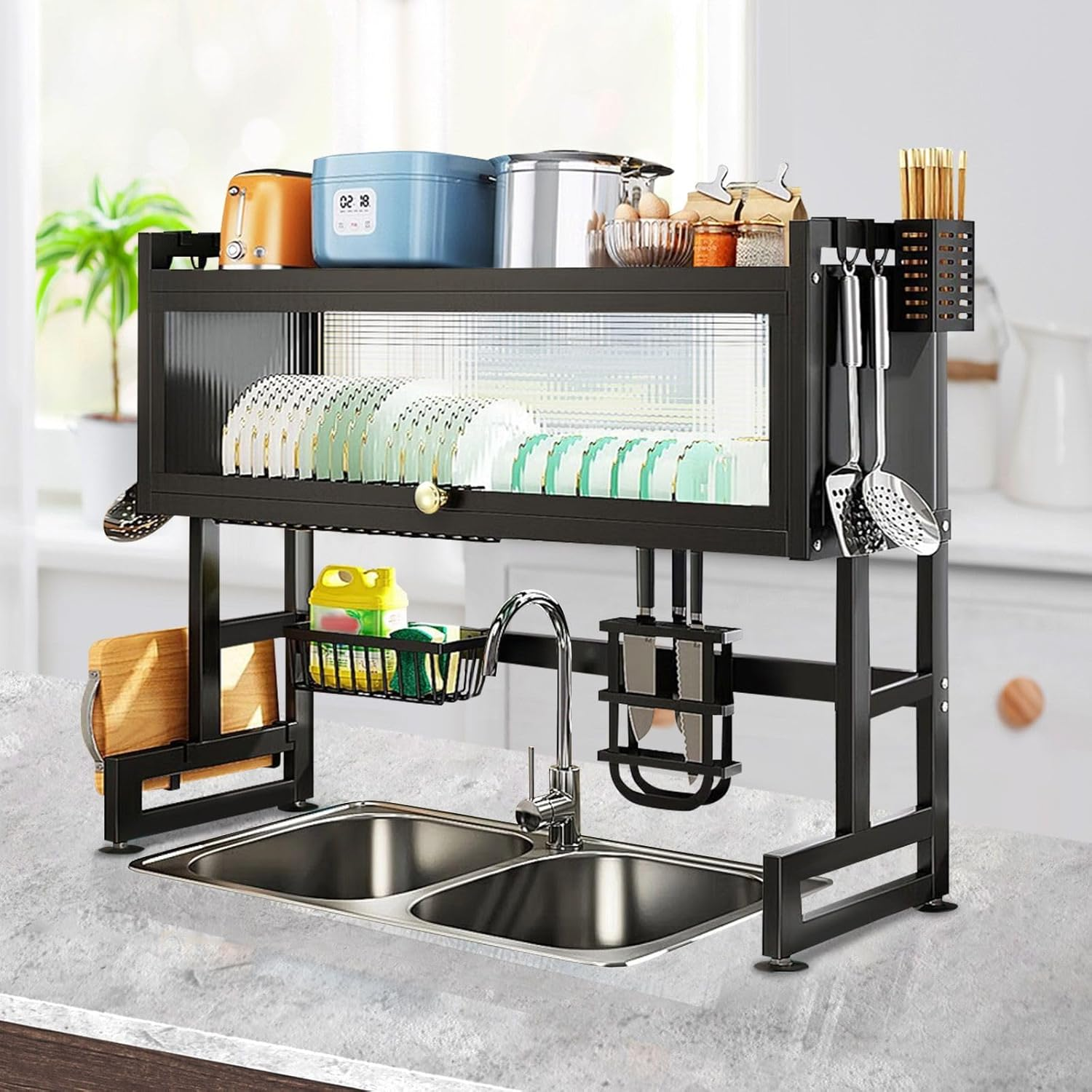 Maxkon over Sink Dish Rack Steel Dish Drainer 3 Tier Expandable Dish Drying Rack Large Kitchen Sink Shelf Drying Rack Kitchen Storage Counter Organization Adjustable Length 90-95Cm image number 6