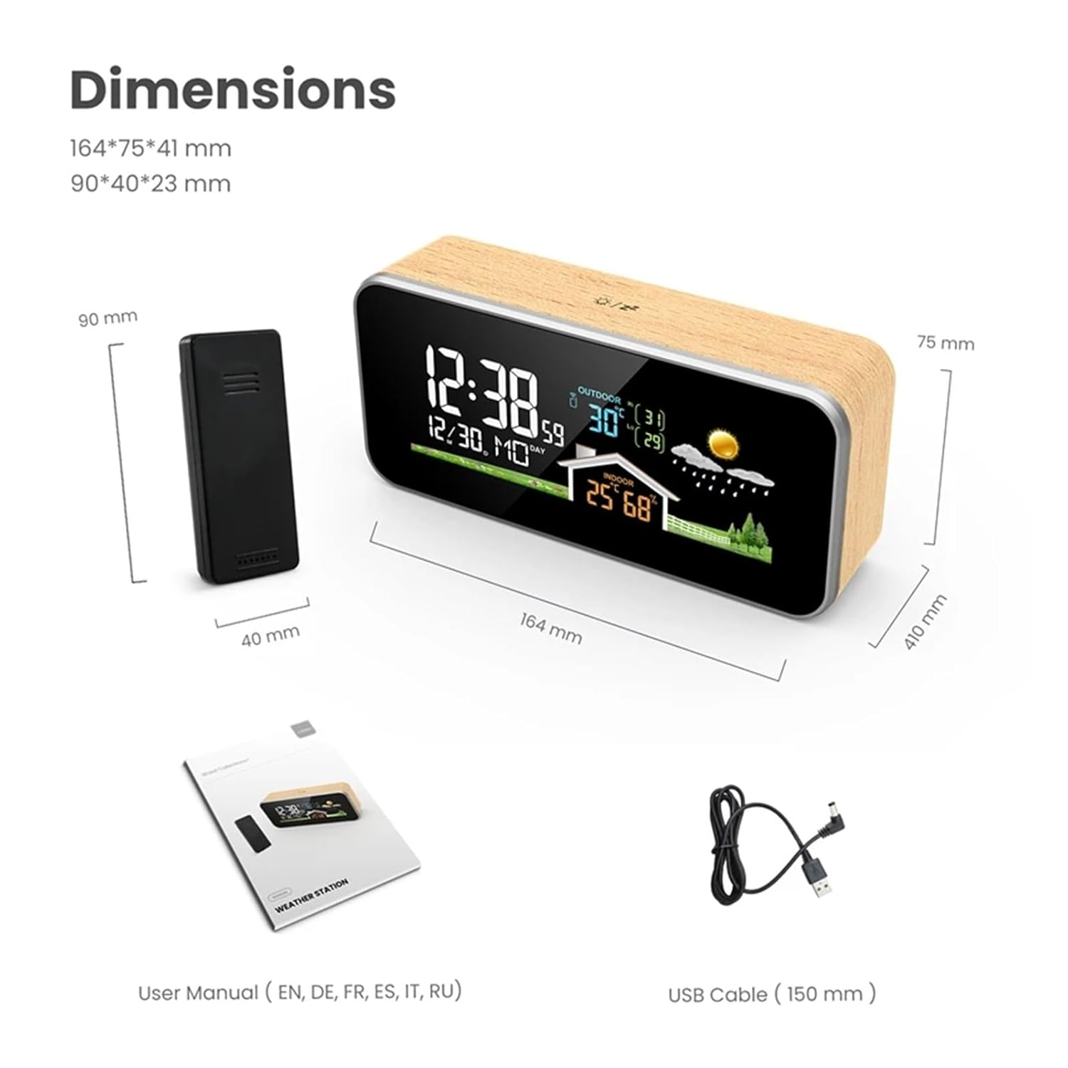 VA Color Screen Weather Station Digital Indoor Desk Thermometer Hygrometer Alarm Clock Wireless Sensor Brightness Adjust