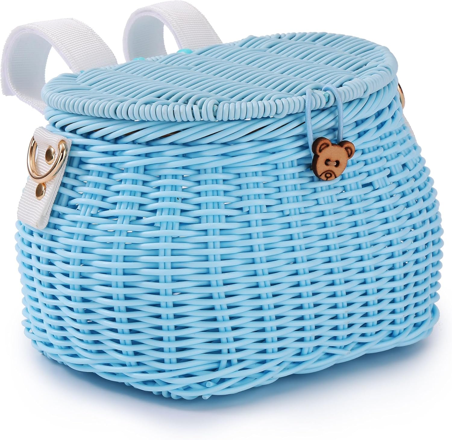 Kids Bike Basket Set, Bike Scooter Tricycle Basket, Children Cycling Basket, Children Bike Basket Handwoven Backpack with Lid Shoulder Strap, Rattan Basket, Front Handlebar Basket image number 5