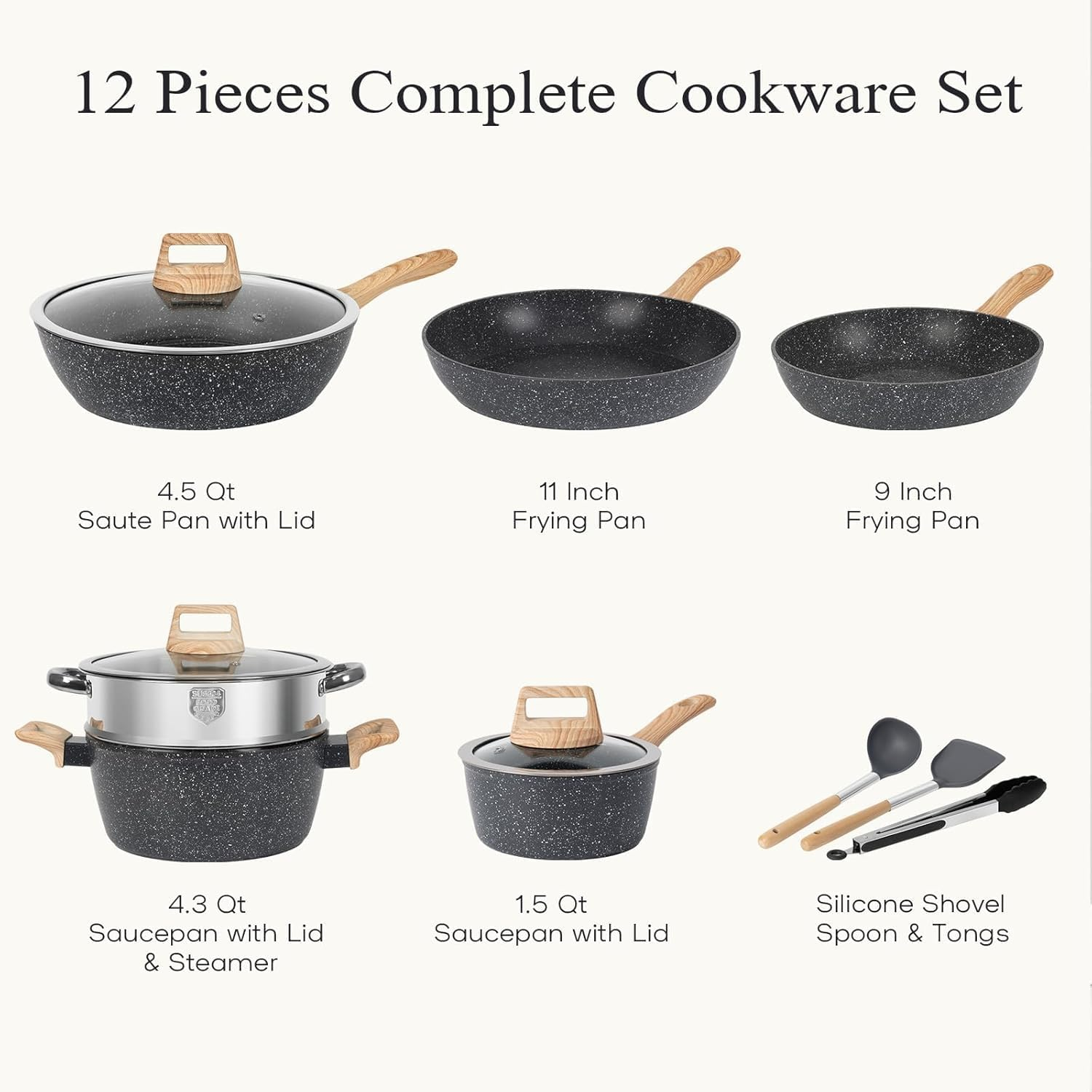 12 Pcs Pots and Pans Set, Nonstick Cookware Sets Black Granite Induction Cookware, Non-Toxic Healthy Non Stick Kitchen Cooking Set with Frying Pans Set, Saucepans, Steamer image number 3