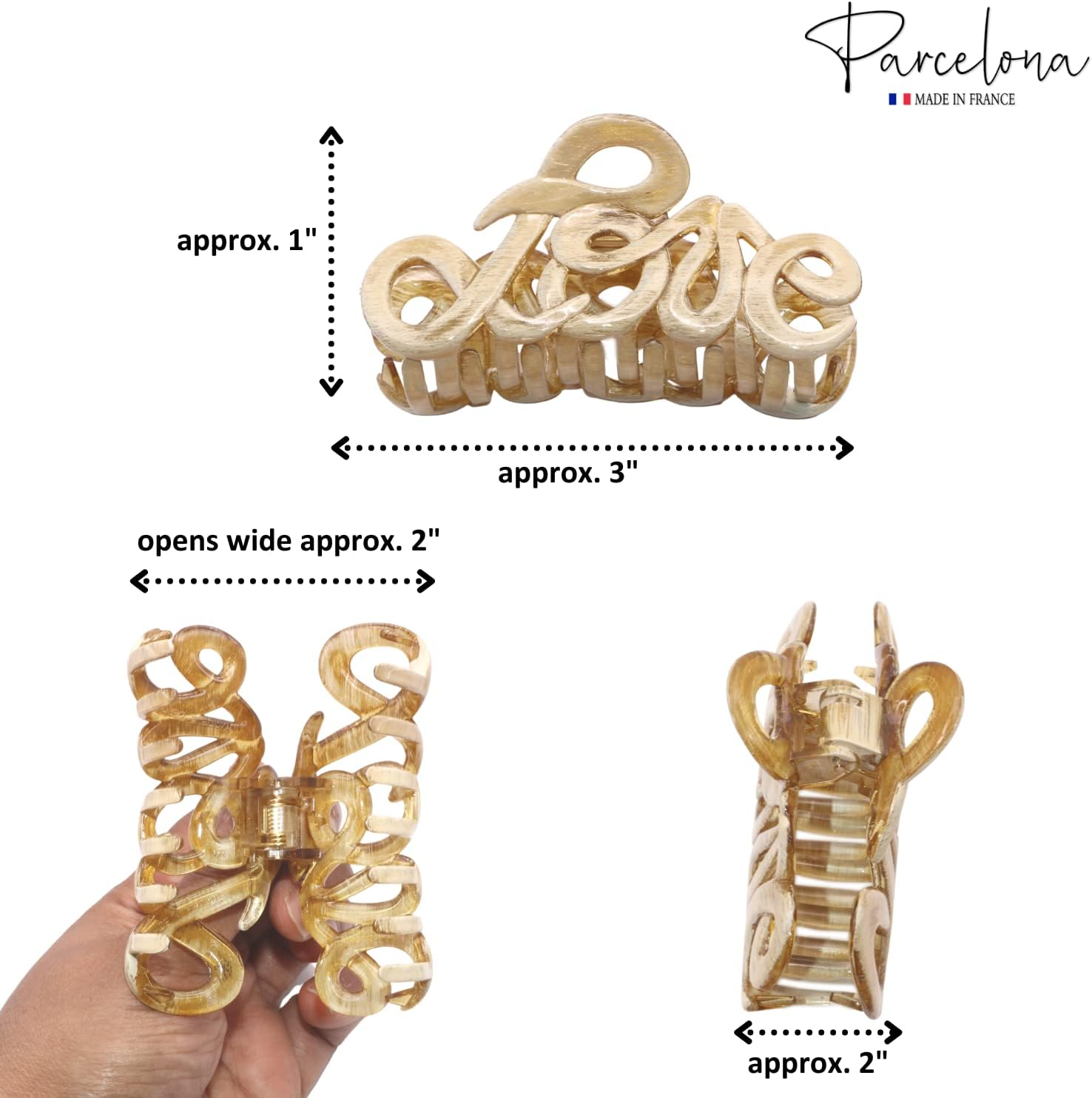 Parcelona French Love Medium 3" Celluloid Acetate Claw Clips Covered Spring Durable Fashion Hair Styling Clips Women Hair Accessories Girls Hair Clips, Made in France (Dusty Beige Brown) - Tortoise Shell Brown image number 2