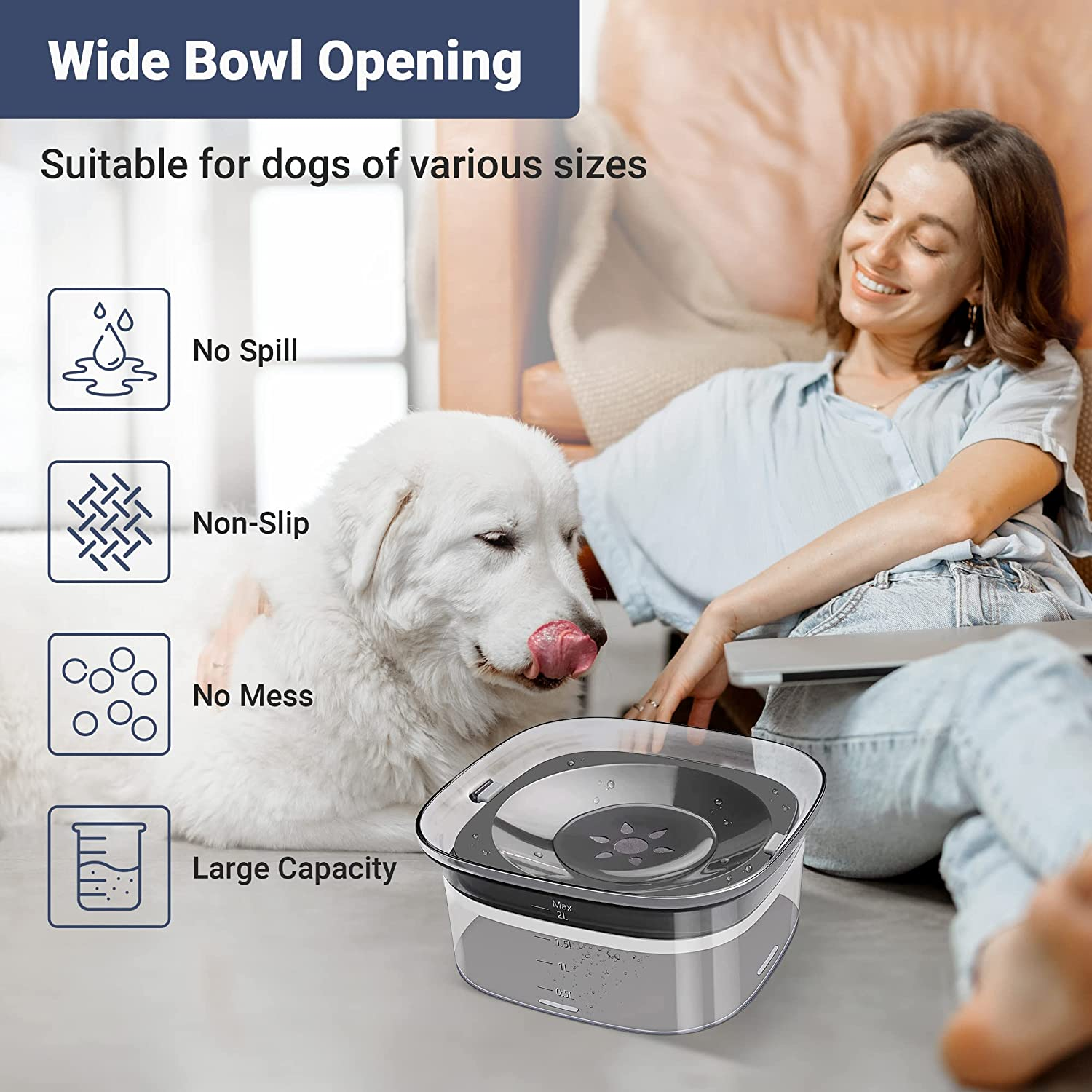 AUS Living Dog Water Bowl 2L No Spill with Non-Slip Mat, Large Capacity Floating Lid Slow Water Feeder, Avoid Mess and Slobber, Transparent Drinking Pet Water Dispenser for Home, Car. Keep Your Furry Friend Hydrated and Happy! image number 4