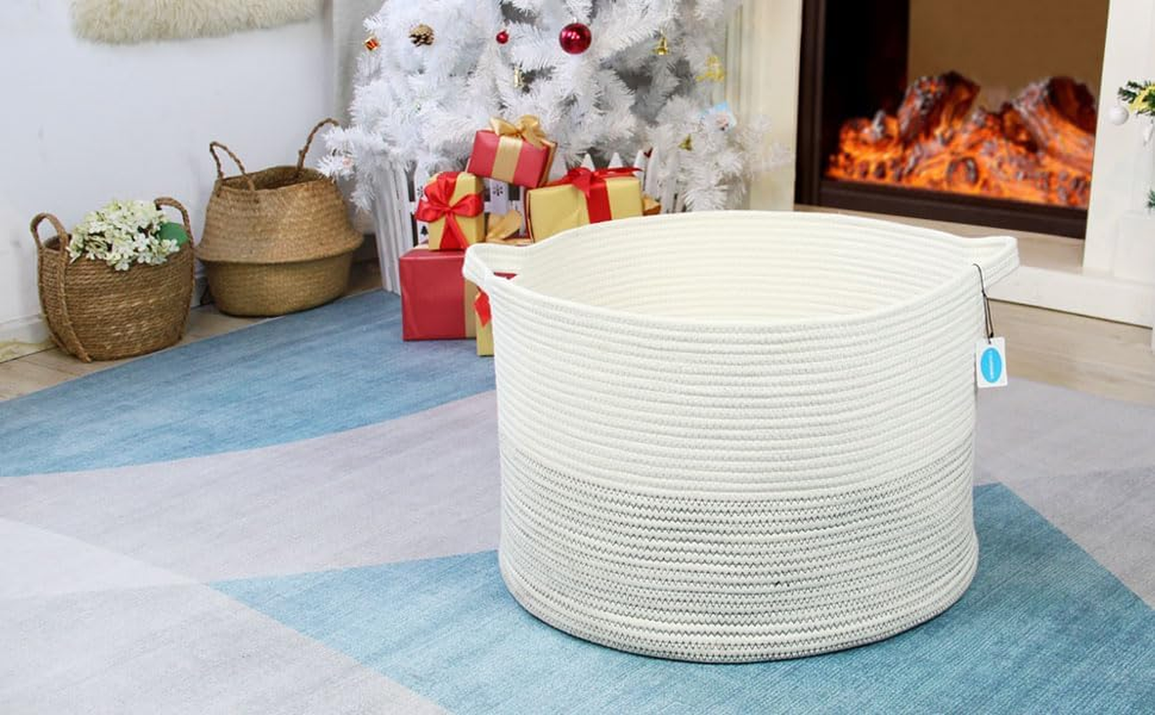 Casaphoria Xxxlarge Cotton Rope Basket 21.7" X 21.7" X 13.8" Woven Laundry Basket for Blankets Storage Basket with Handle Comforter Cushions Storage Bins Thread Laundry Hamper-Black Stitch - &lrm;Beige image number 7