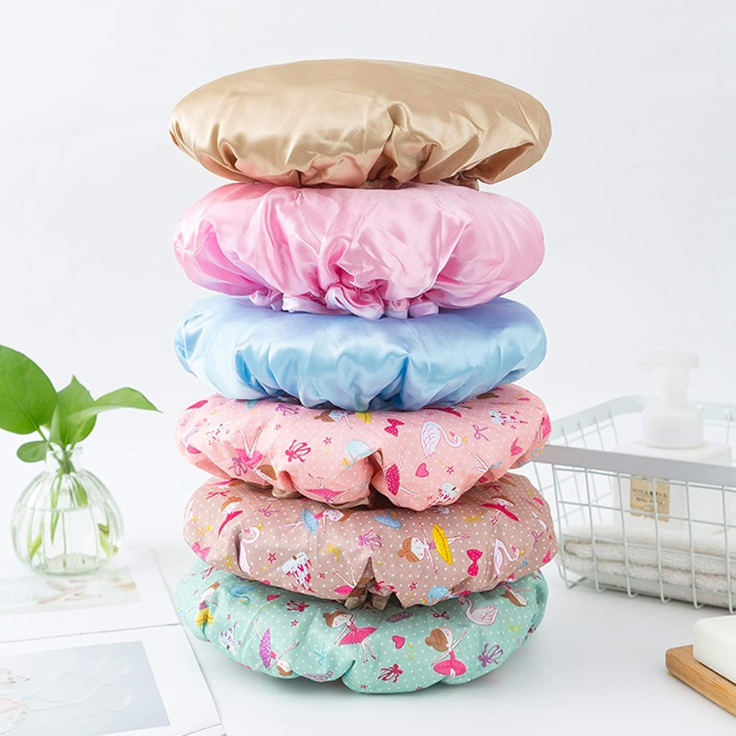 Useful Double-Layer Shower Cap Waterproof West in the Women'S Thickened Children'S Shower Head Cover Kitchen to Prevent Lampblack and Send Foam Ball (2 Pcs) Suitable for Ladies, Children and Girls, Tr