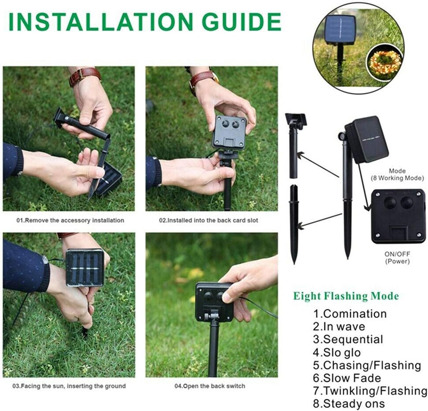 Fairy Lights Outdoor - Solar Panel String Light Copper Wire 8 Modes Fairy Light Outdoor Garden Party Decor (10M 100 Lights, Green) image number 4