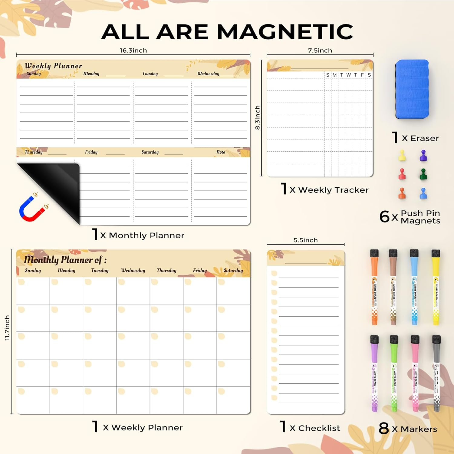 Refrigerator Calendar Magnetic, 16.3X11.7&rdquo; (4-Pack) &ndash; Weekly & Monthly Planner, Chore Chart, Grocery/To-Do List for Fridge, Includes 8 Markers, 6 Magnets & 1 Eraser for Kitchen, Yellow - Yellow image number 3