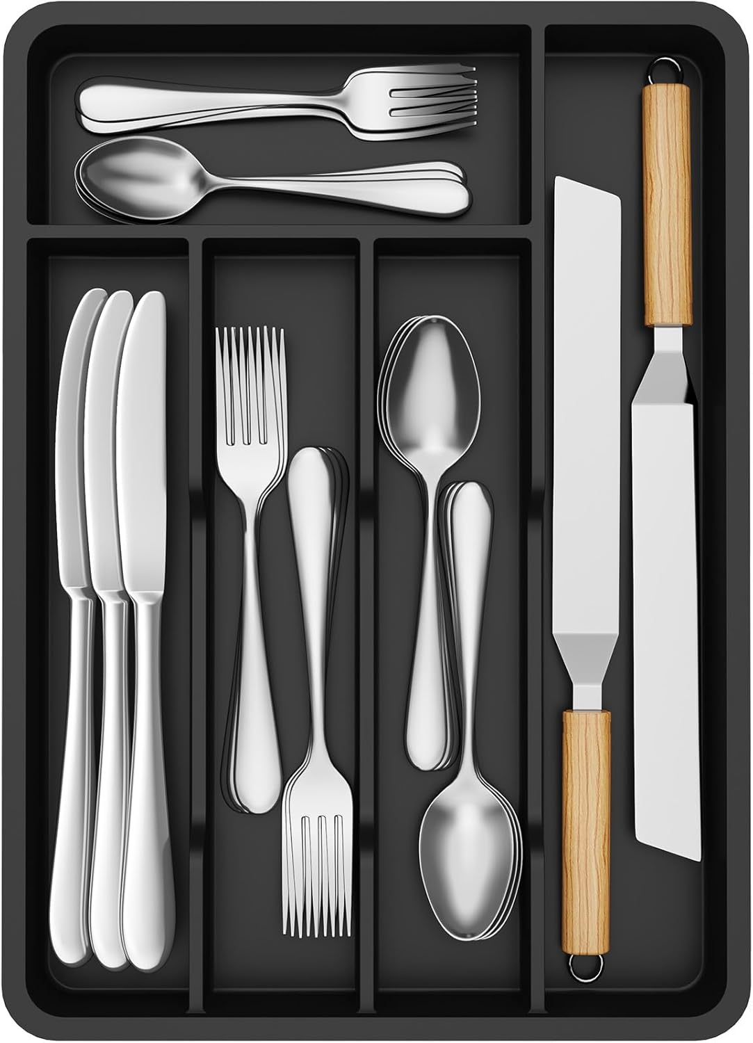 Lifewit Silverware Tray, Deep Wide Cutlery Drawer Organizer Storage for Kitchen, Plastic Flatware Utensil Holder Divider for Spoons Forks Knives Tableware, 5 Compartment, Black image number 6