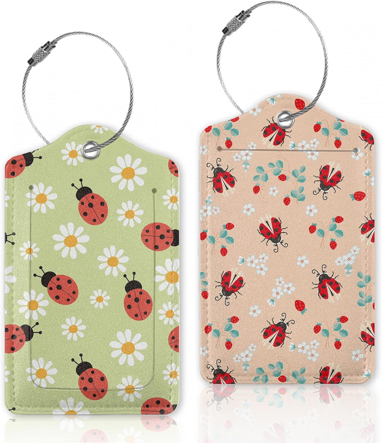Ladybug and Strawberry Flowers Luggage Tags for Suitcase,Luggage Tag with Stainless Steel Loop Privacy Cover Id Label Travel Bag Luggage Identifiers for Women Men Travel,Set of 2 - Boho Ethnic Elephant image number 7