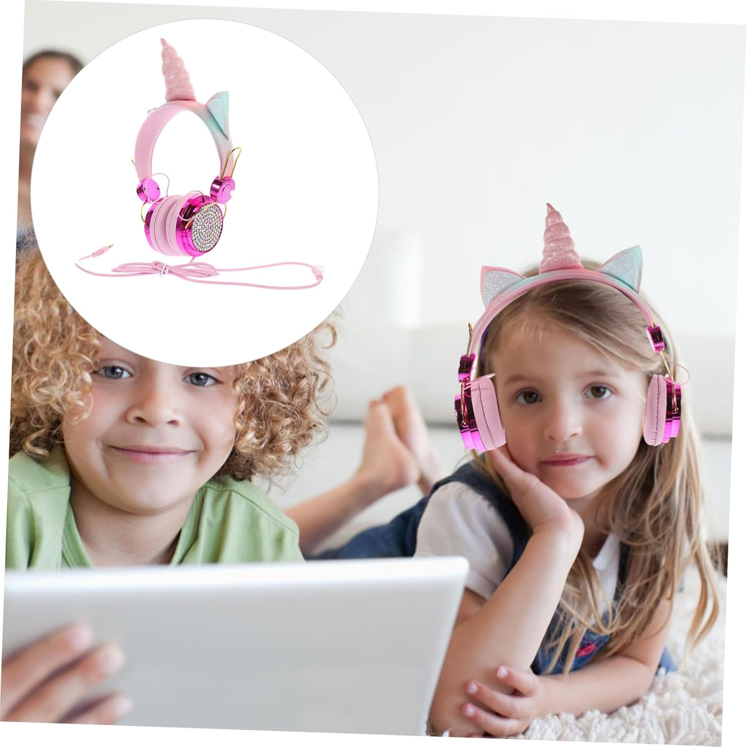 HOMSFOU Unicorn Headphones with Microphone for Travel and School Wired Headset with Plug Compatible with Smartphone Tablet Computer Cute Rhinestone Design for Boys image number 5
